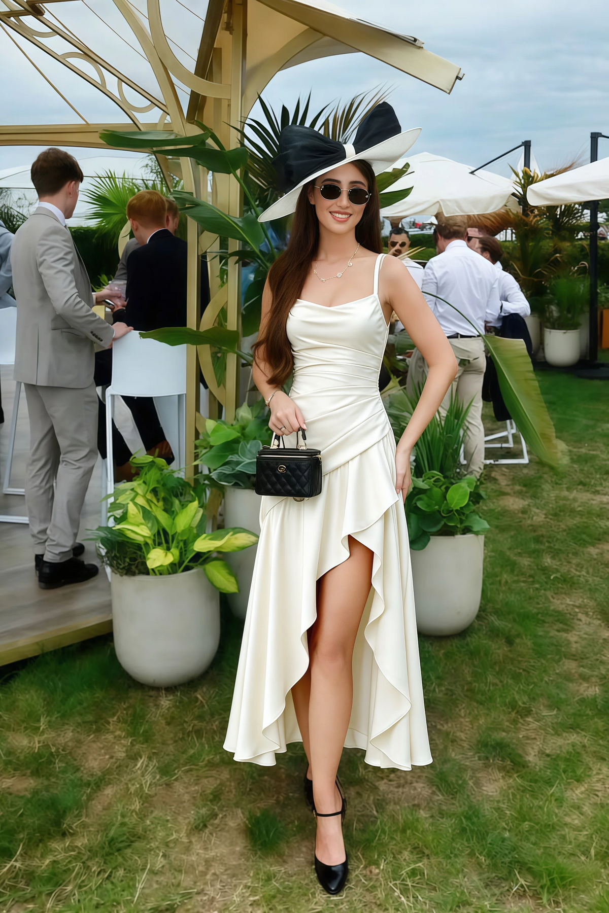 Ada White Satin High-Low Ruffled Midi Dress