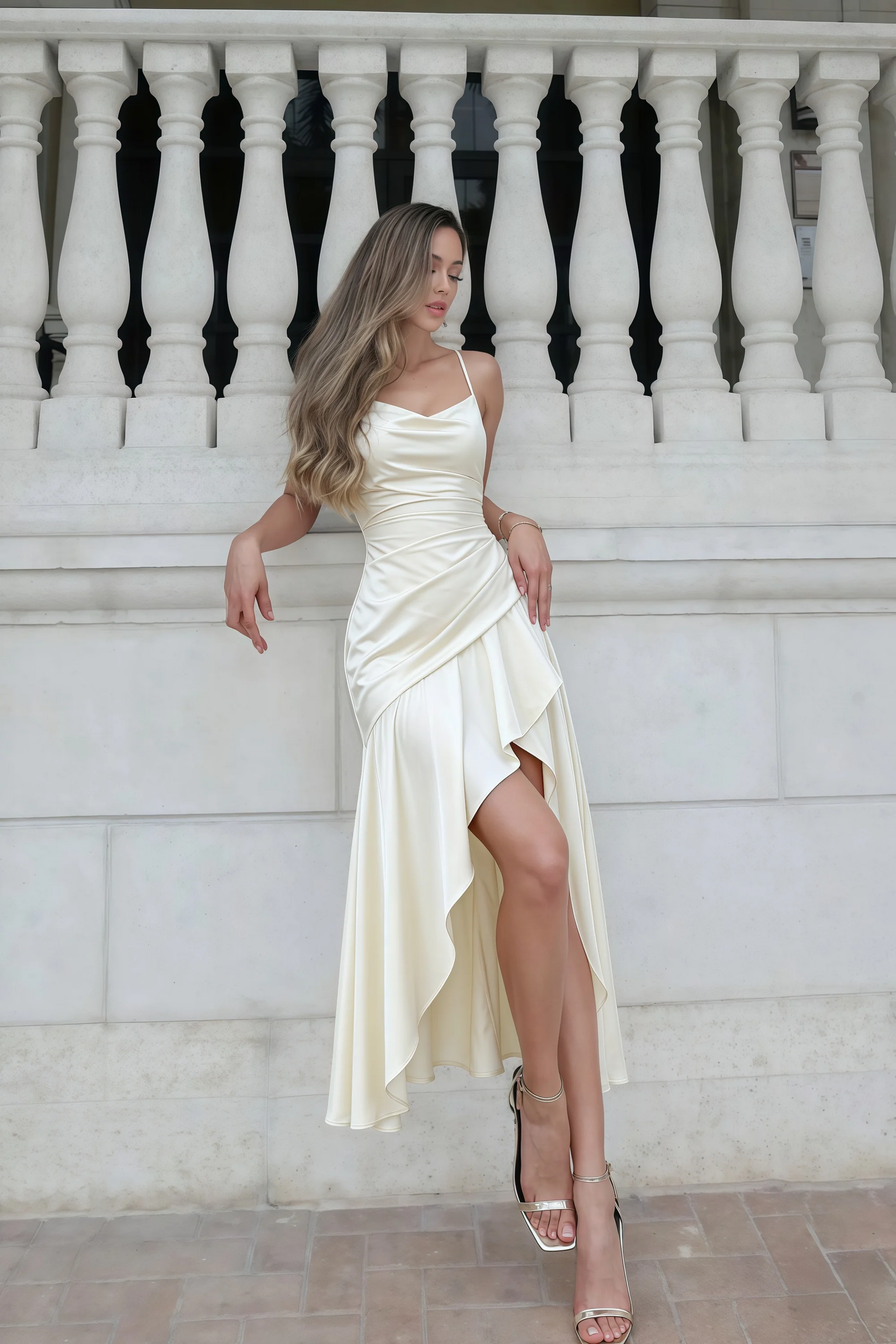 Ada White Satin High-Low Ruffled Midi Dress