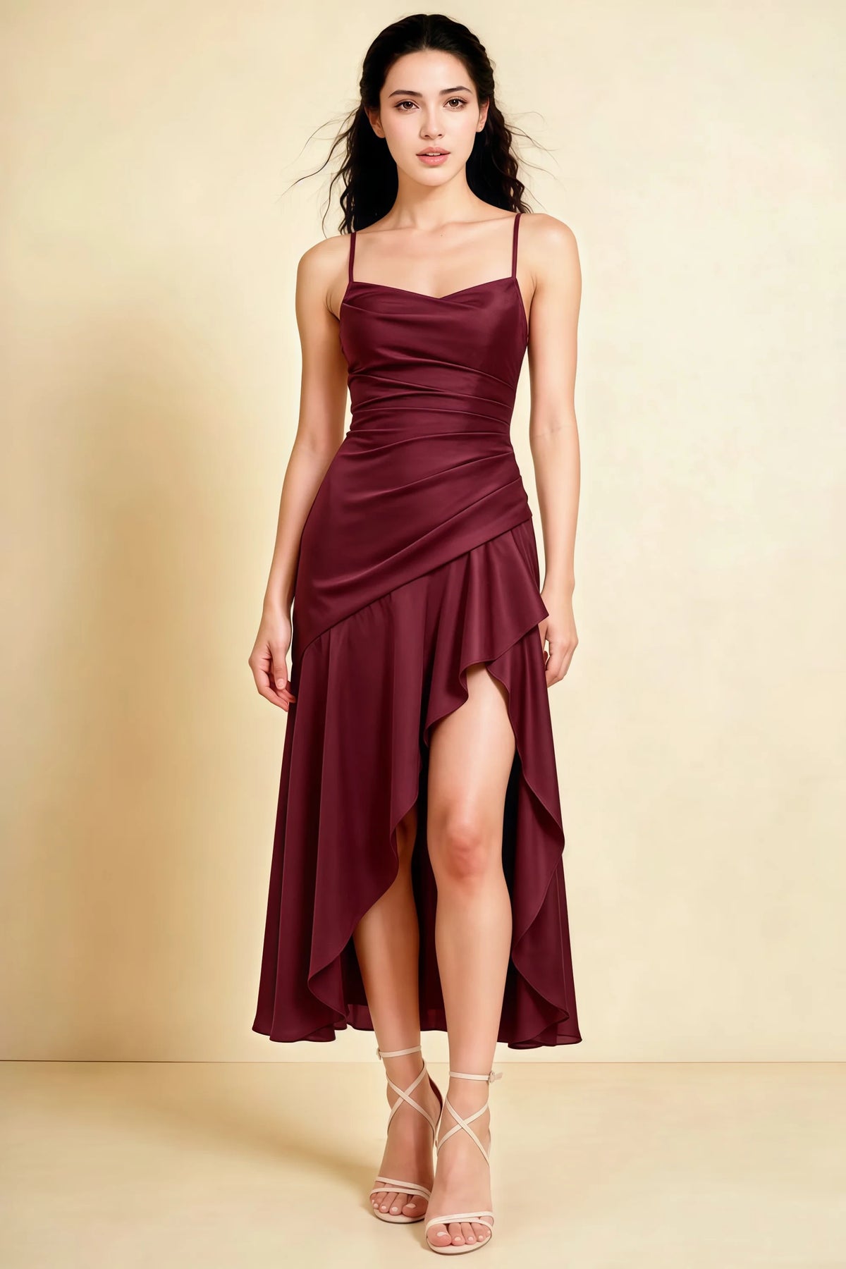 Ada Wine Satin High-Low Ruffled Midi Dress Imagen principal del producto