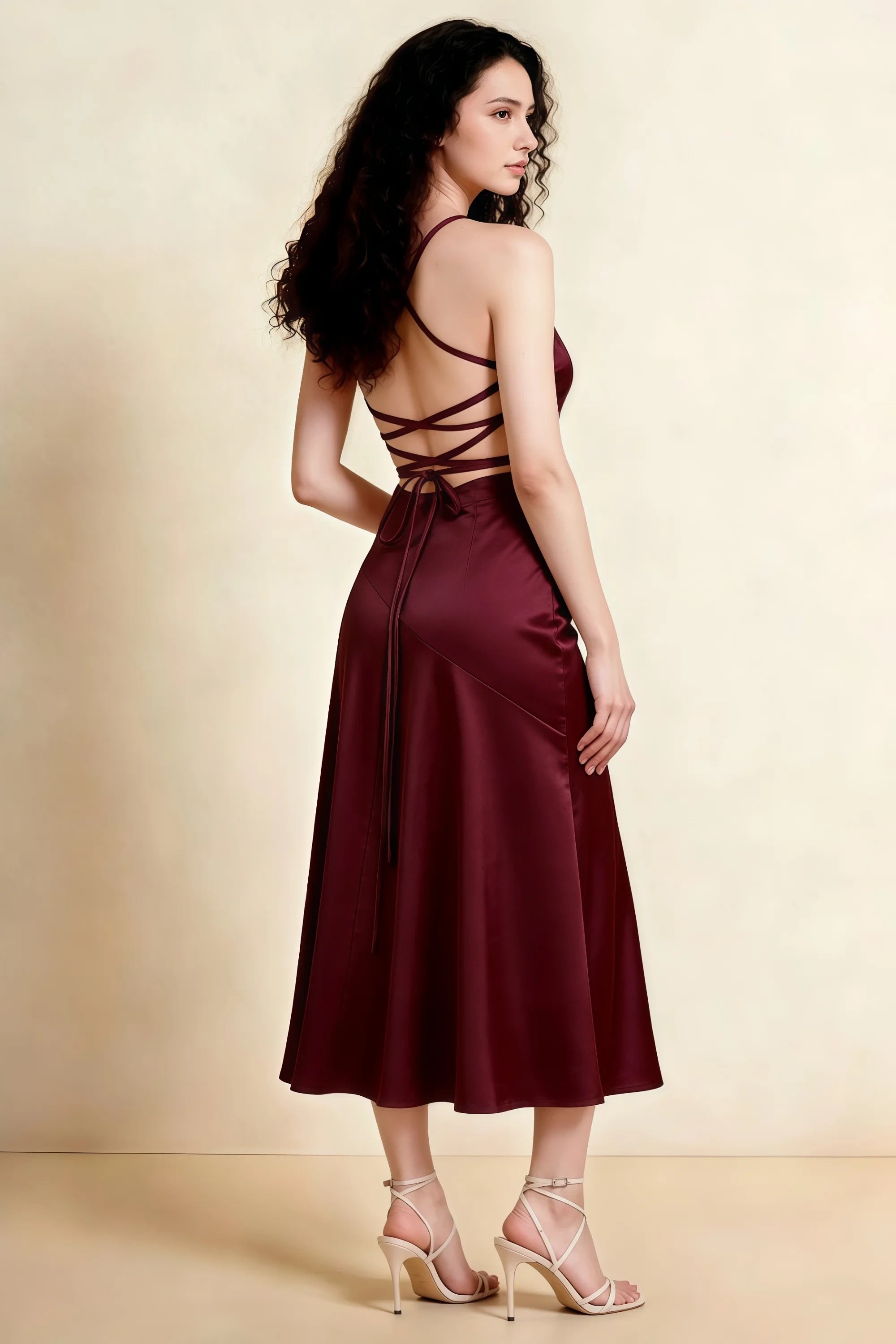 Ada Wine Satin High-Low Ruffled Midi Dress Imagen secundaria del producto