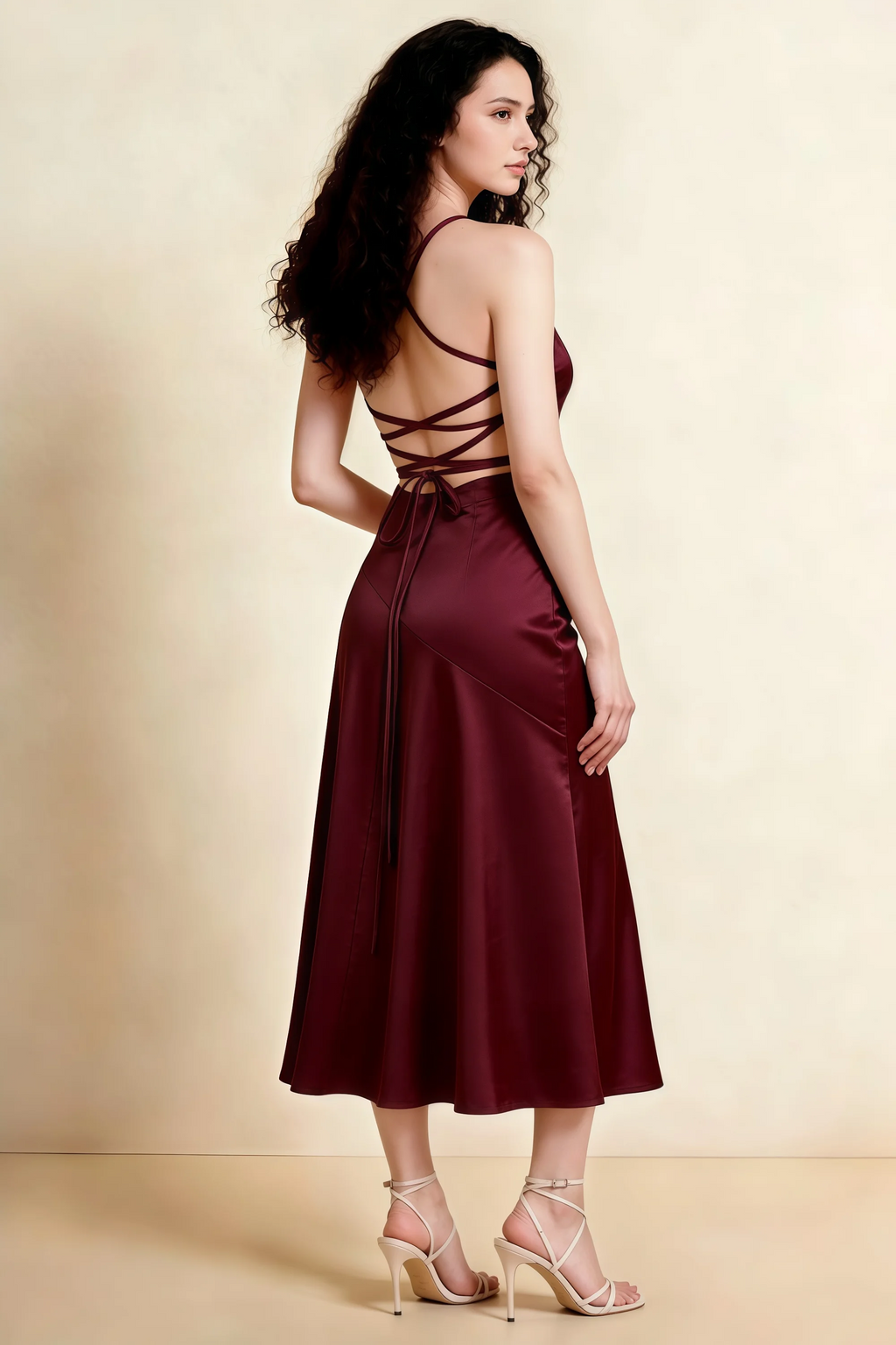 Ada Wine Satin High-Low Ruffled Midi Dress