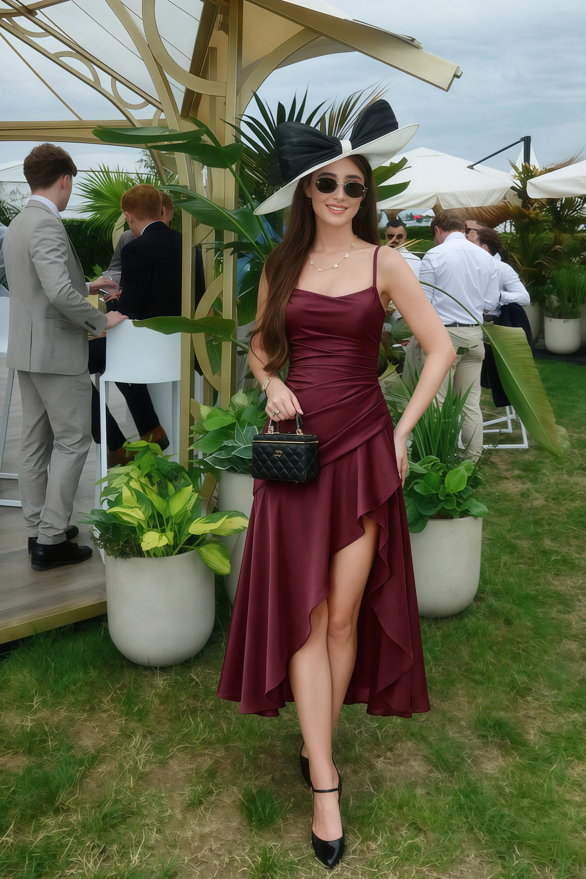 Ada Wine Satin High-Low Ruffled Midi Dress