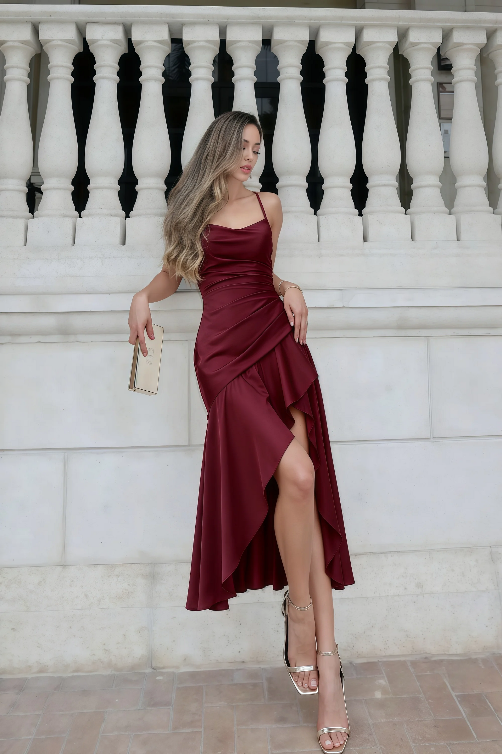 Ada Wine Satin High-Low Ruffled Midi Dress
