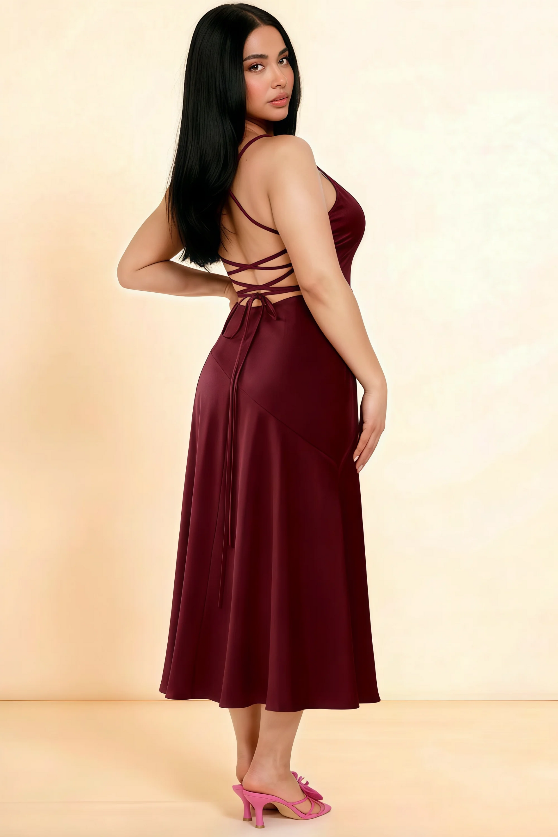 Ada Wine Satin High-Low Ruffled Midi Dress