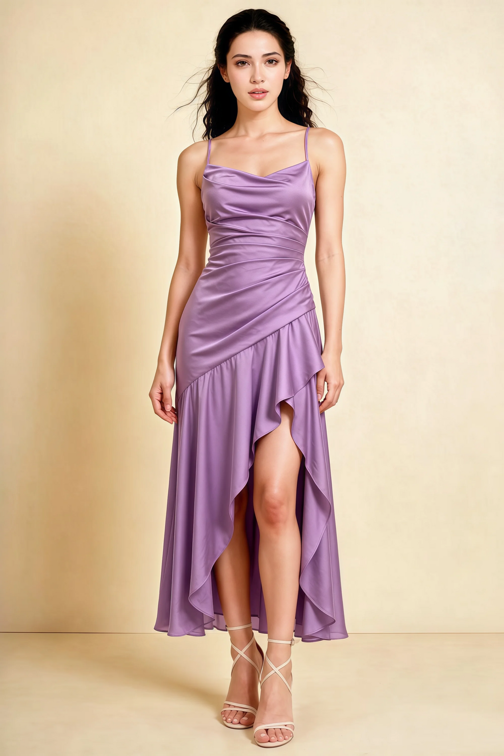 Ada Wisteria Satin High-Low Ruffled Midi Dress