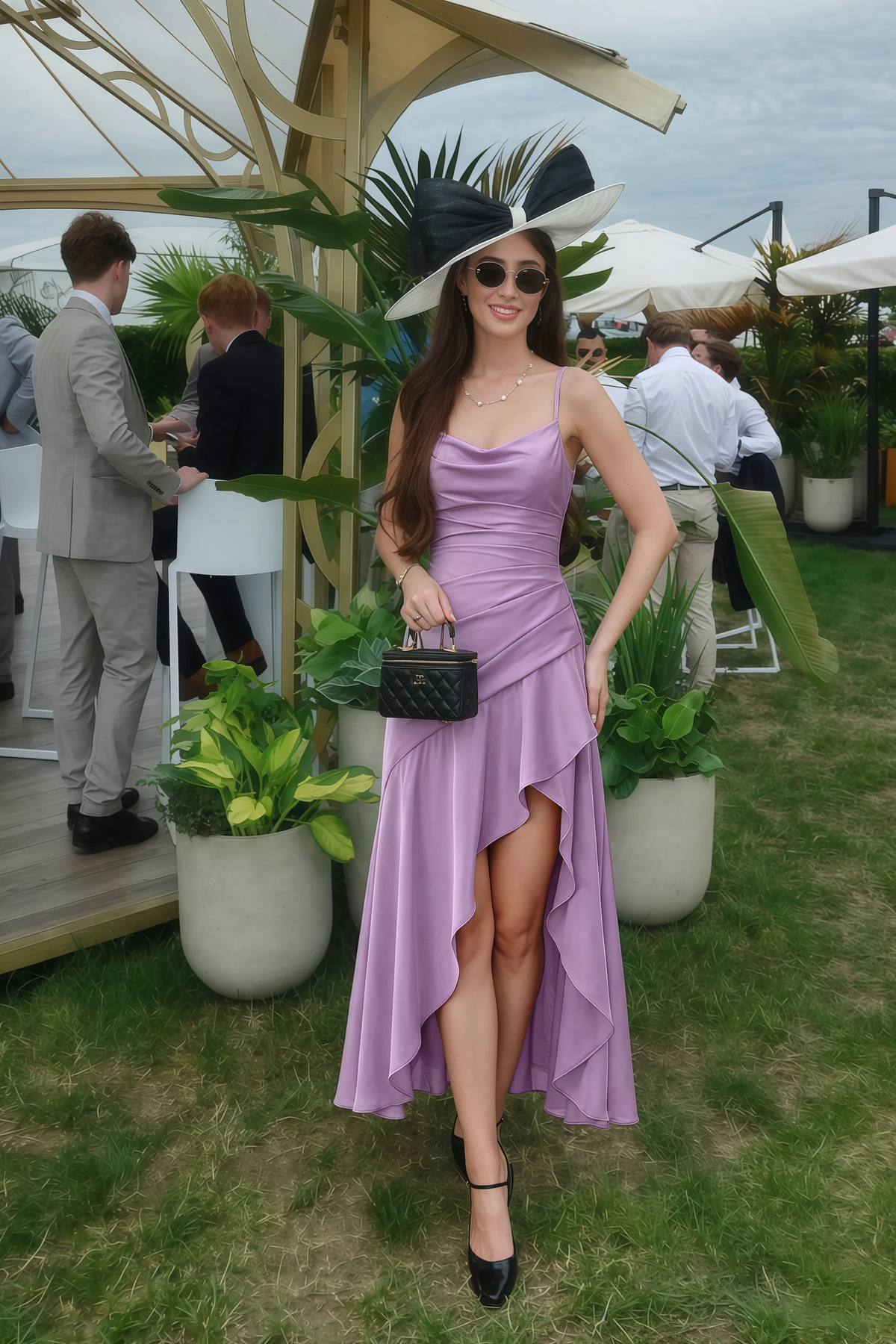 Ada Wisteria Satin High-Low Ruffled Midi Dress