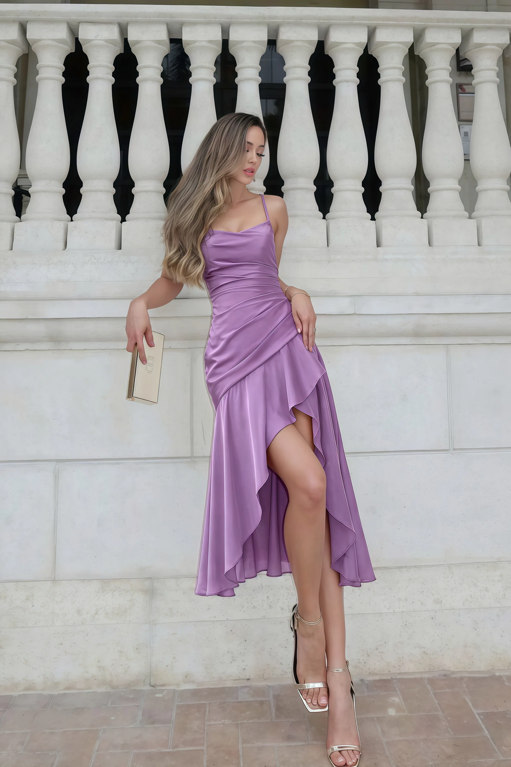 Ada Wisteria Satin High-Low Ruffled Midi Dress