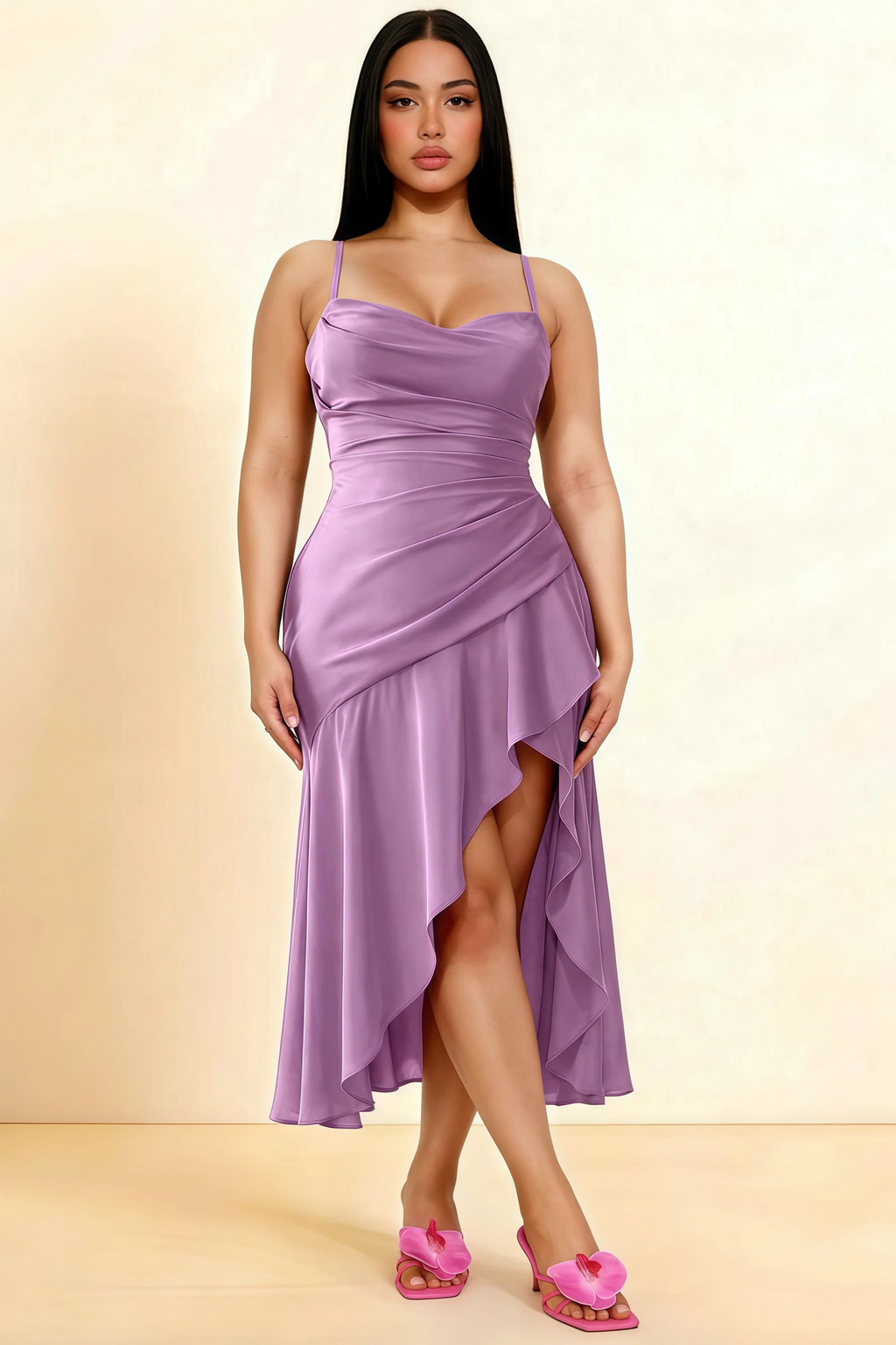 Ada Wisteria Satin High-Low Ruffled Midi Dress