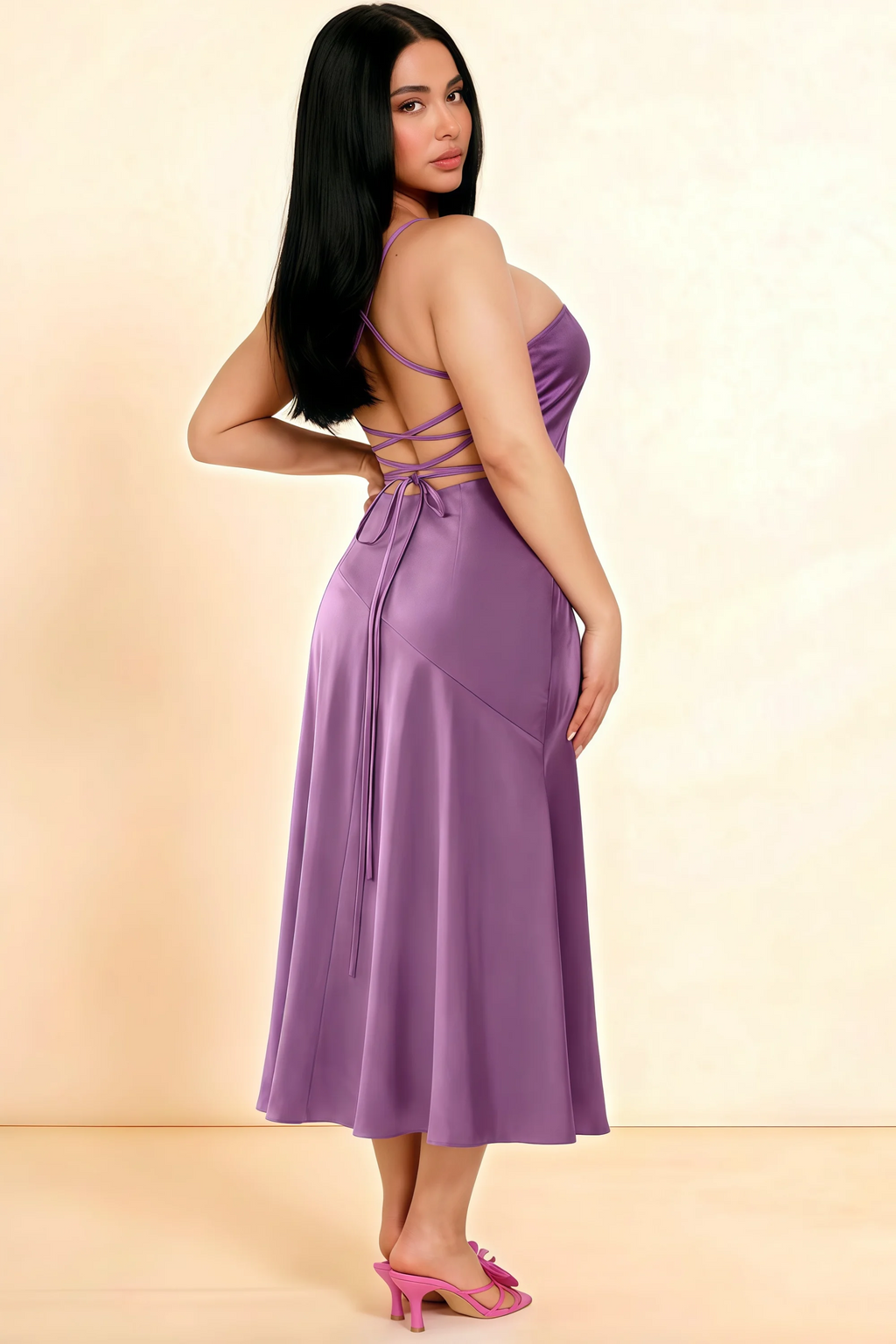 Ada Wisteria Satin High-Low Ruffled Midi Dress