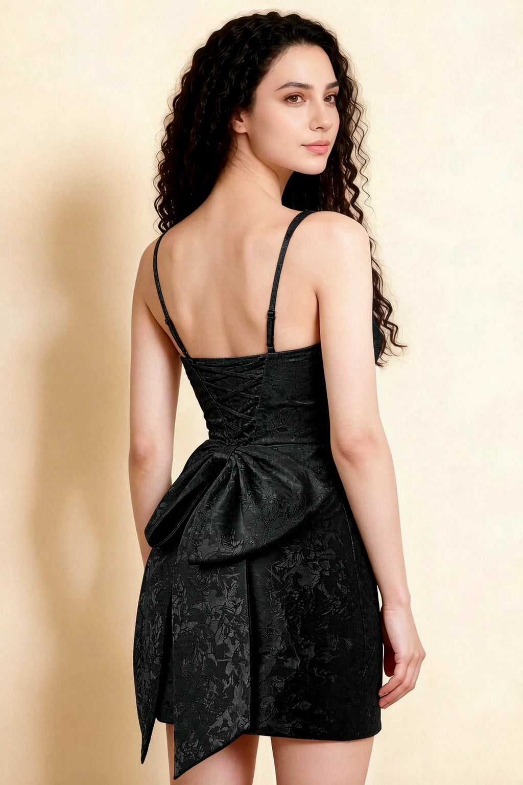 Adelaide Black Floral Jacquard Mini Dress with Bow Detail