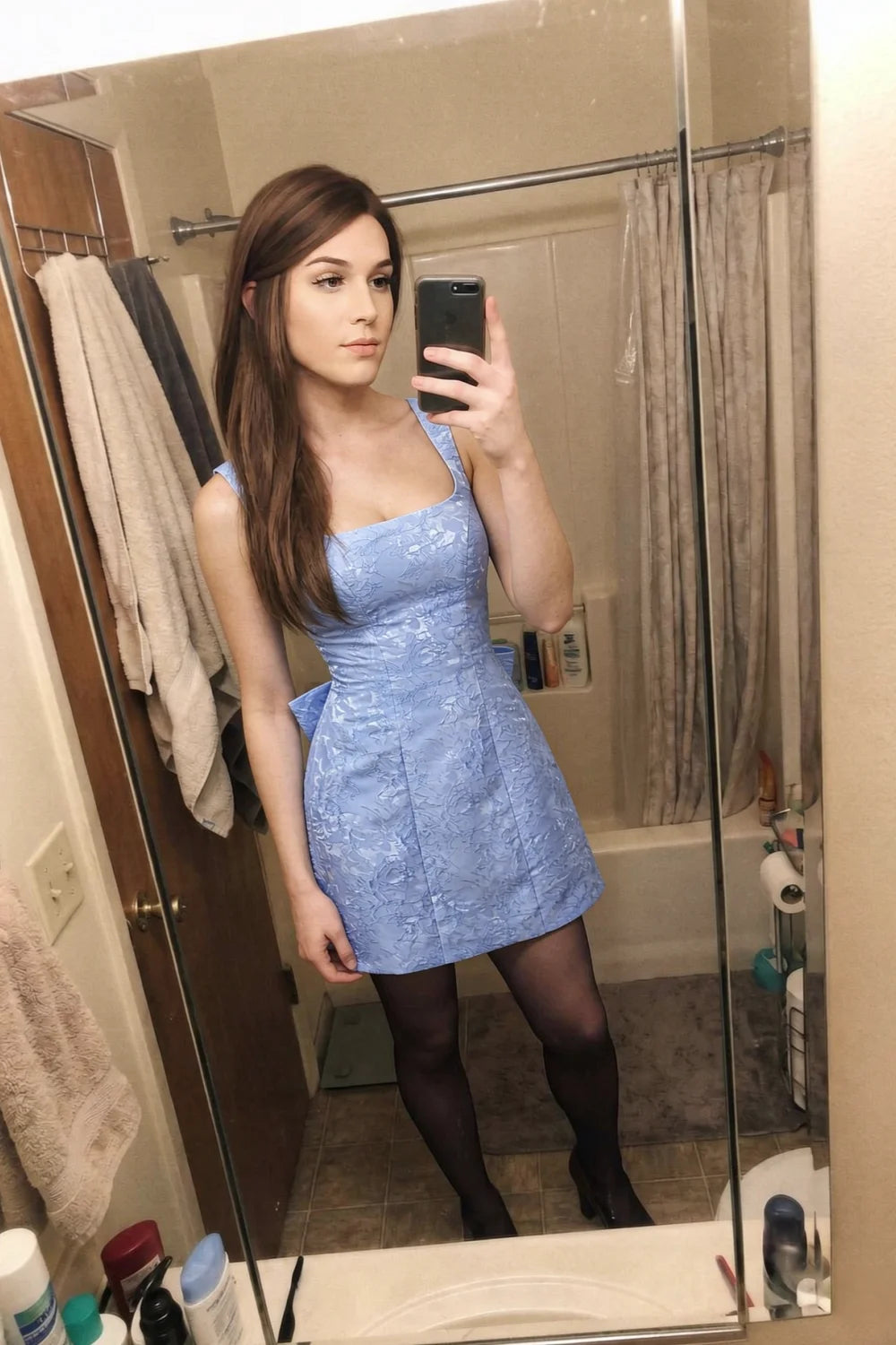 Adelaide Light Blue Floral Jacquard Mini Dress with Bow Detail