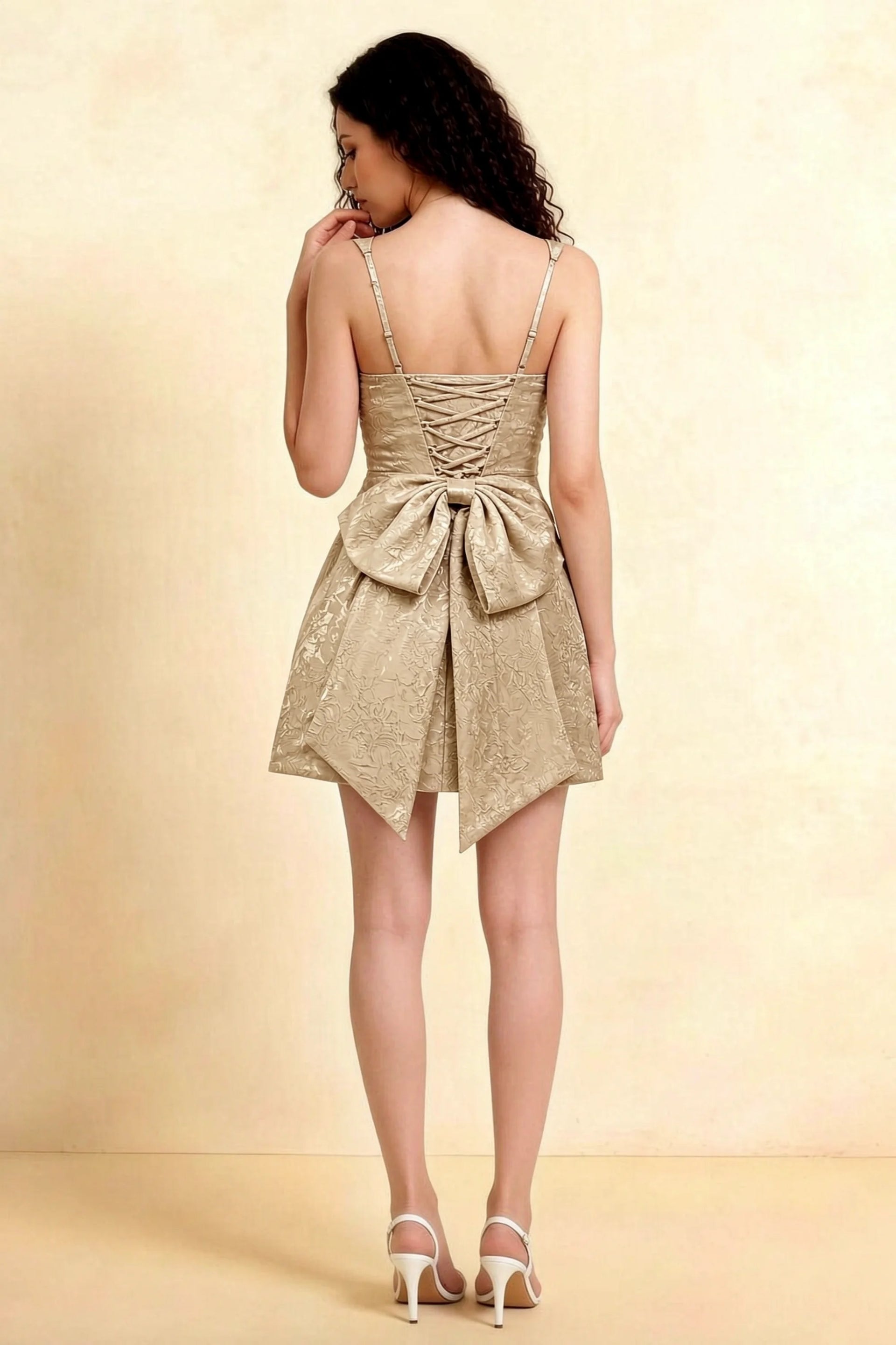 Adelaide Champagne Floral Jacquard Mini Dress with Bow Detail