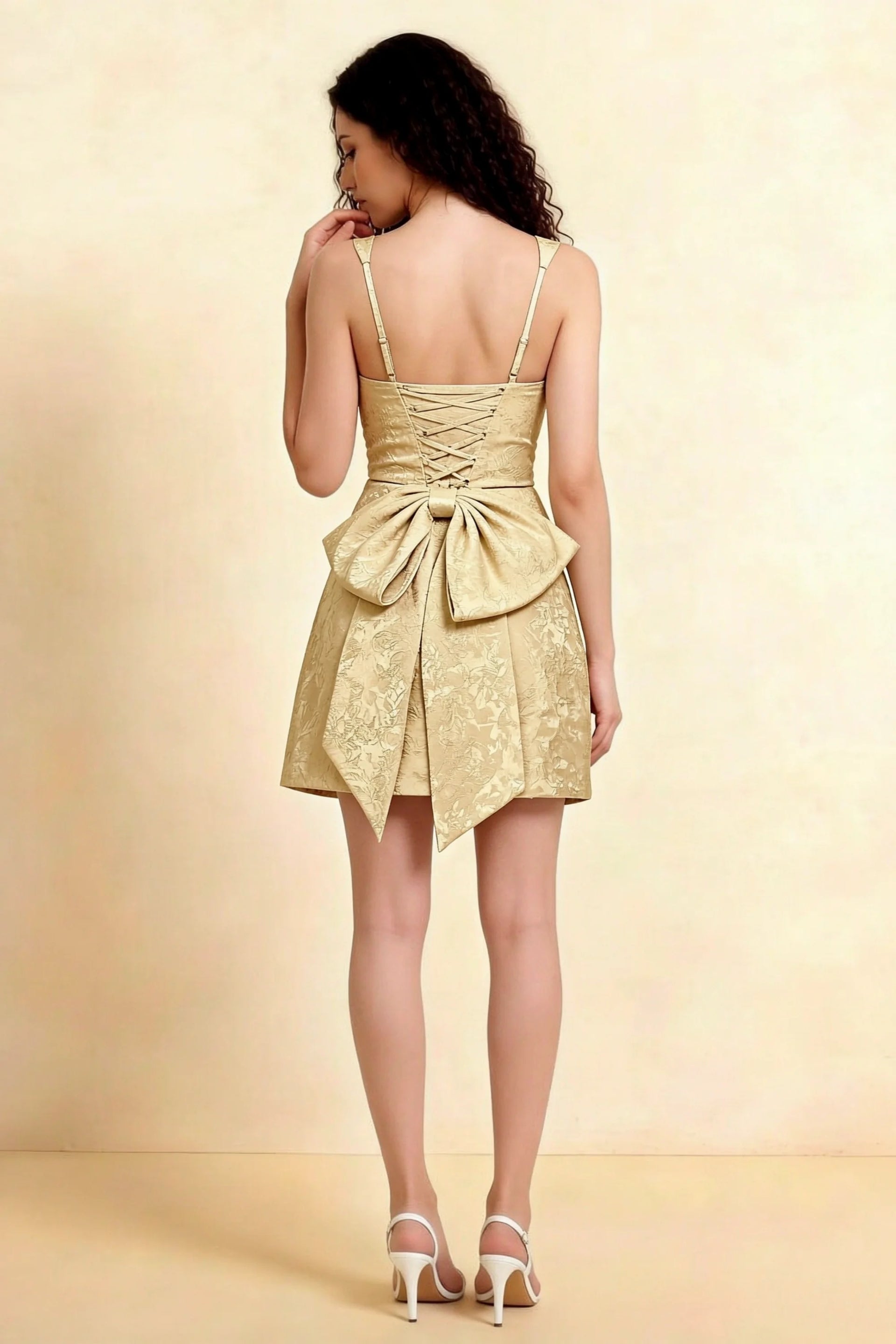 Adelaide Gold Floral Jacquard Mini Dress with Bow Detail
