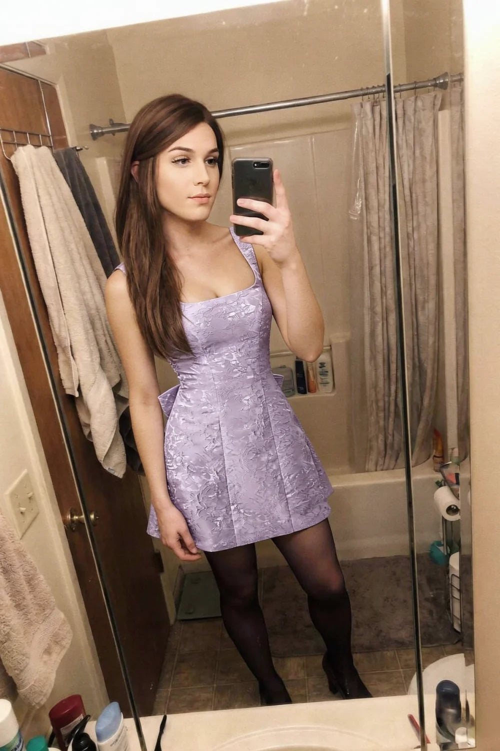 Adelaide Light Purple Floral Jacquard Mini Dress with Bow Detail