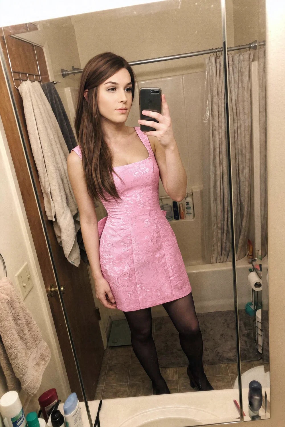 Adelaide Pink Floral Jacquard Mini Dress with Bow Detail