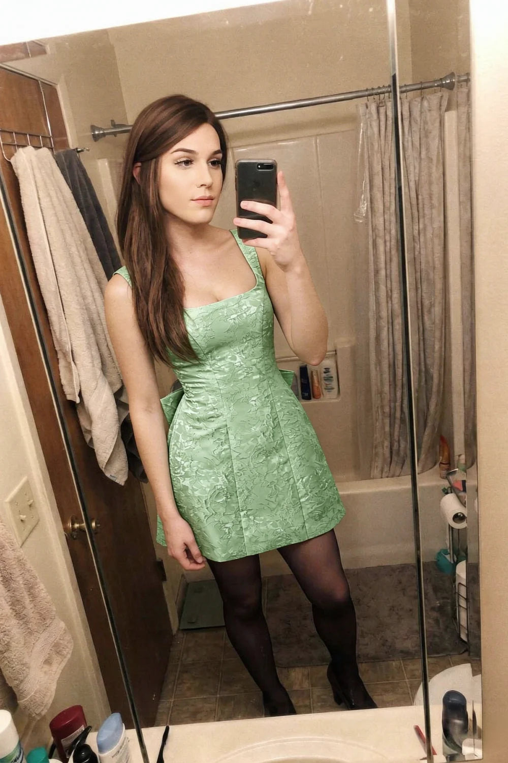 Adelaide Sage Green Floral Jacquard Mini Dress with Bow Detail