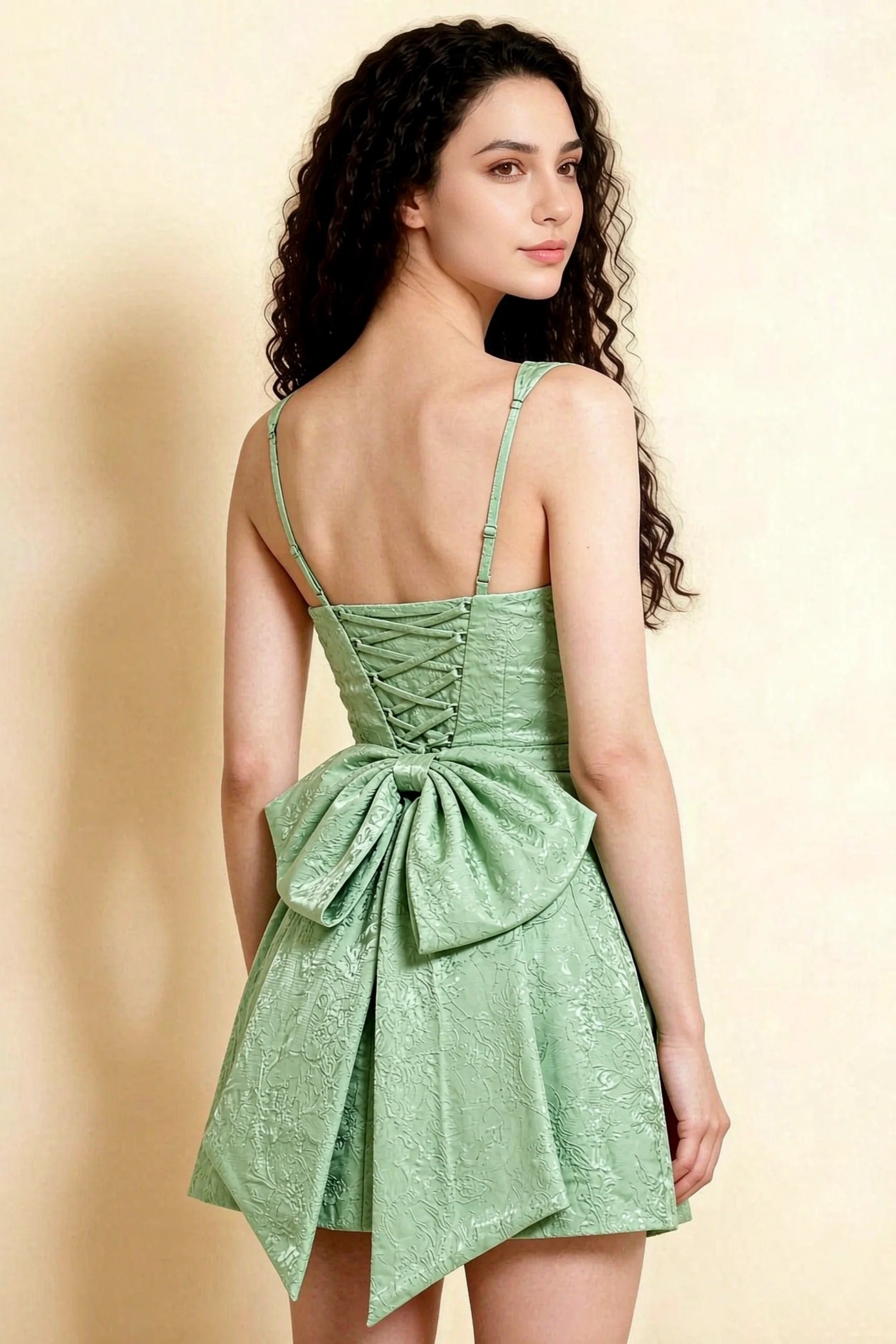 Adelaide Sage Green Floral Jacquard Mini Dress with Bow Detail