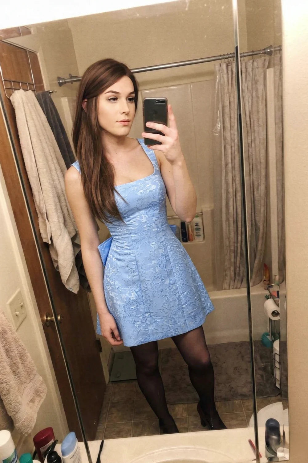 Adelaide Sky Blue Floral Jacquard Mini Dress with Bow Detail