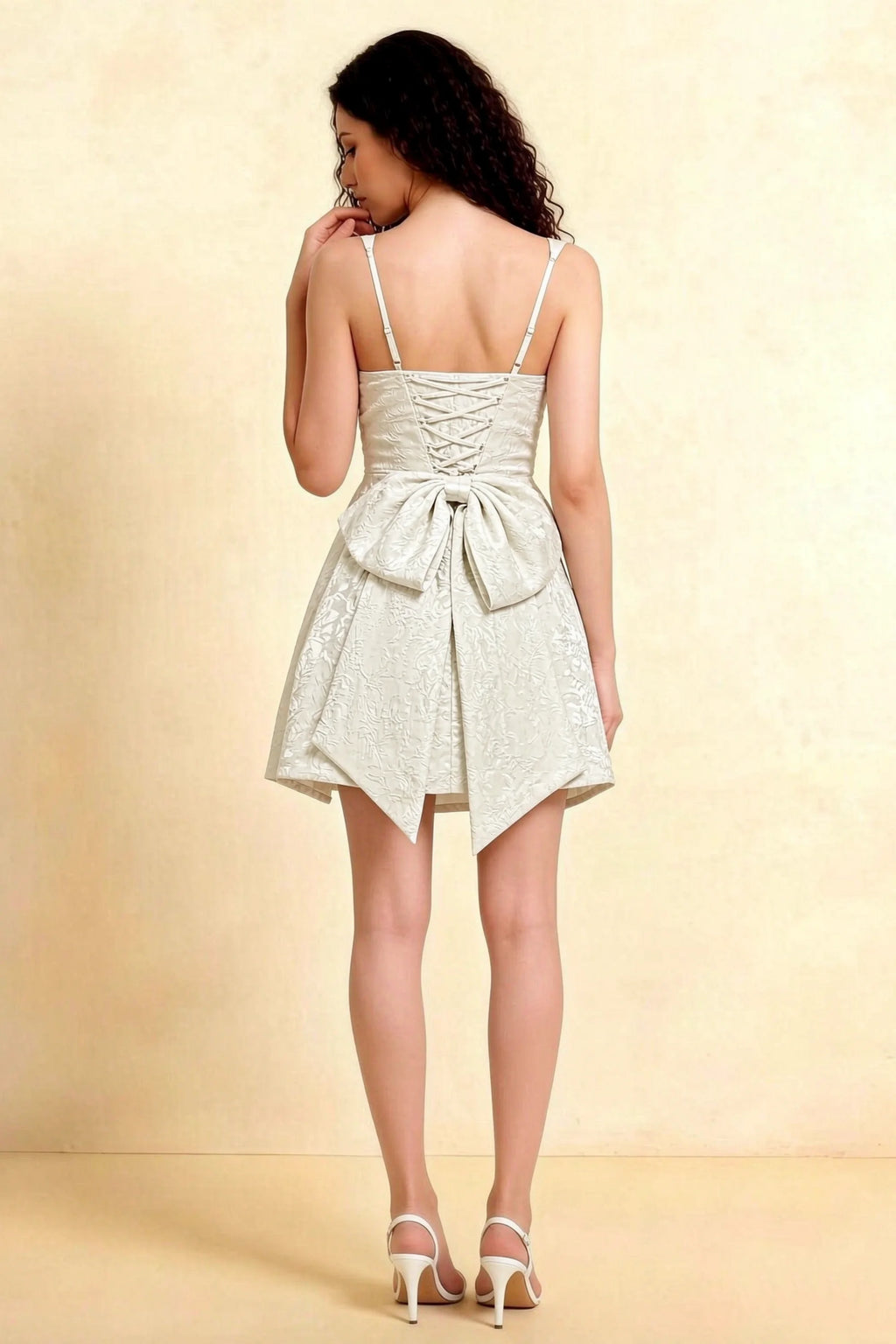 Adelaide White Floral Jacquard Mini Dress with Bow Detail
