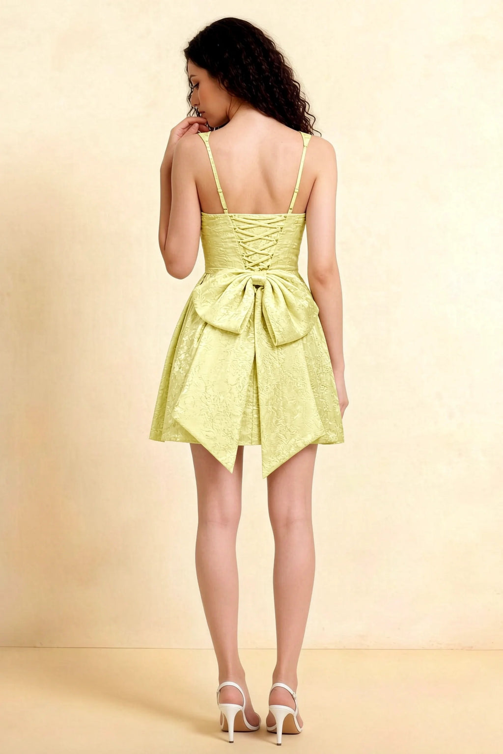 Adelaide Yellow Floral Jacquard Mini Dress with Bow Detail