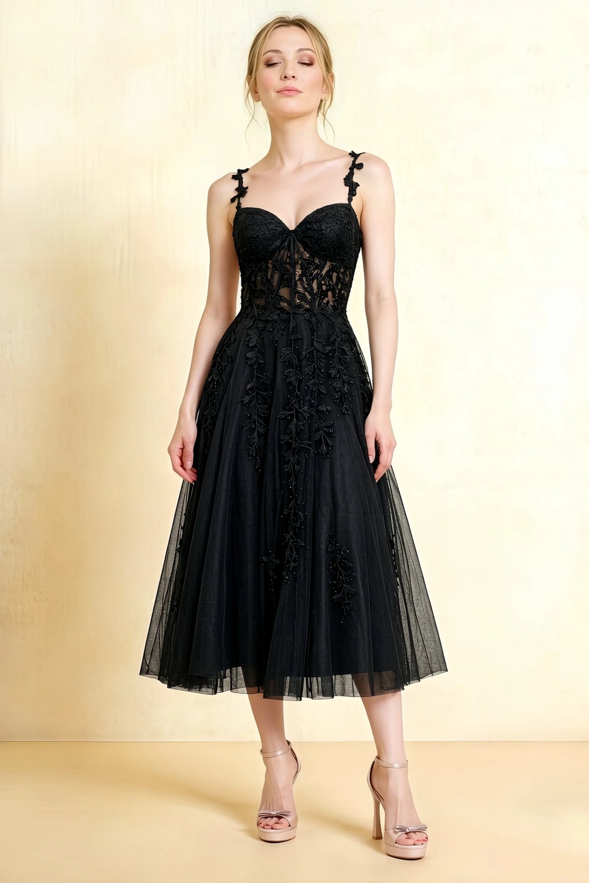 Adeline Black Lace Corset Fit and Flare Midi Dress