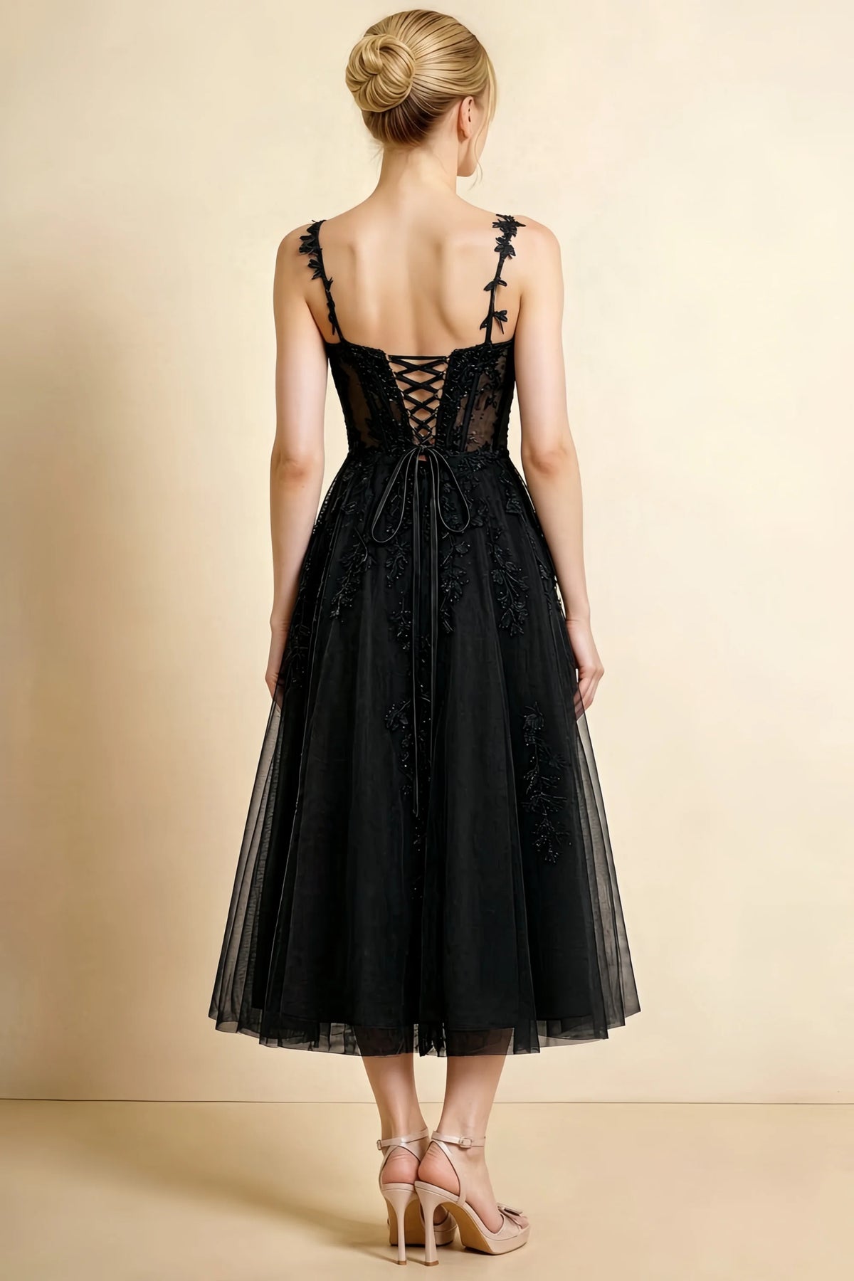 Adeline Black Lace Corset Fit and Flare Midi Dress