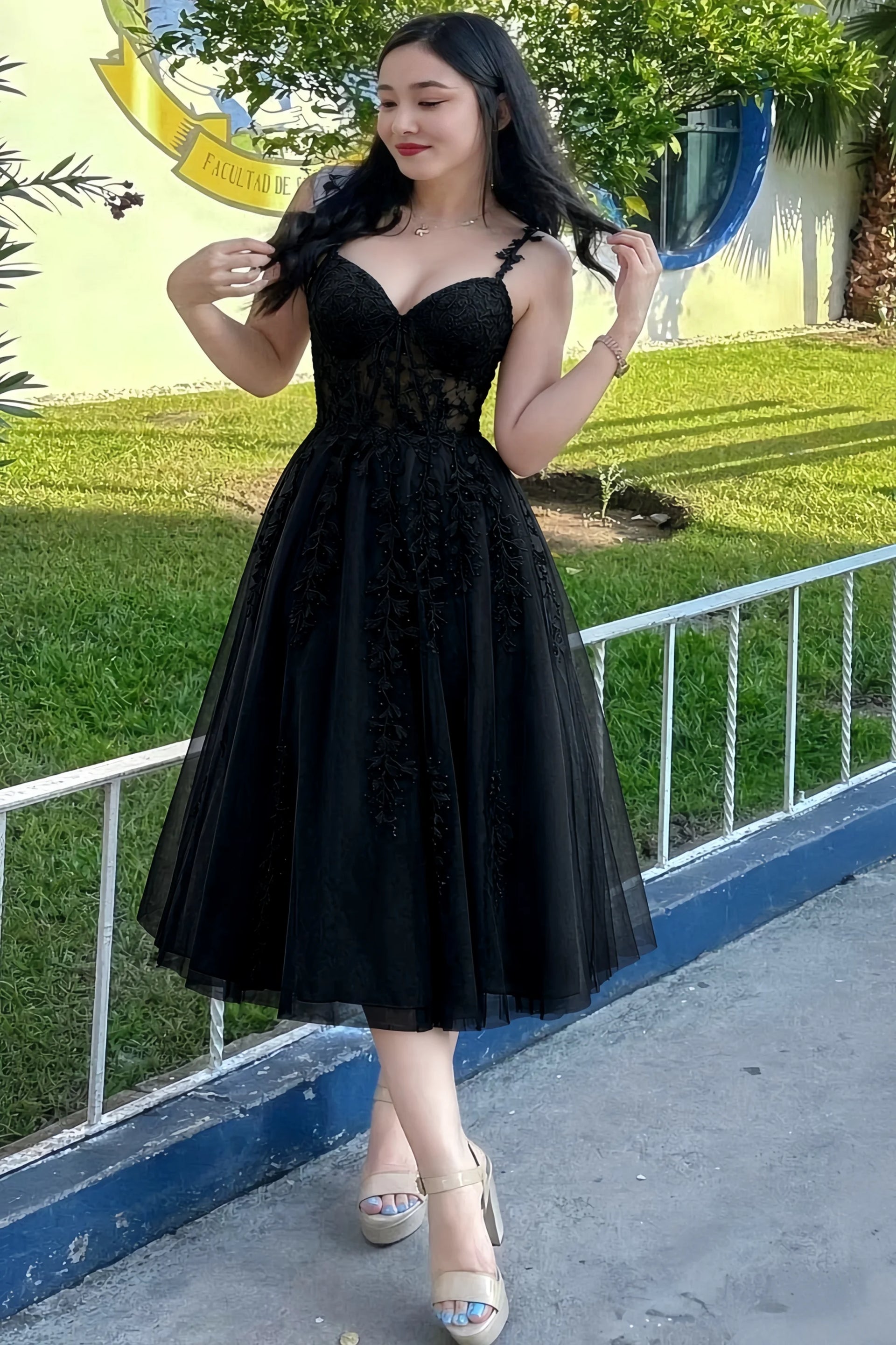 Adeline Black Lace Corset Fit and Flare Midi Dress