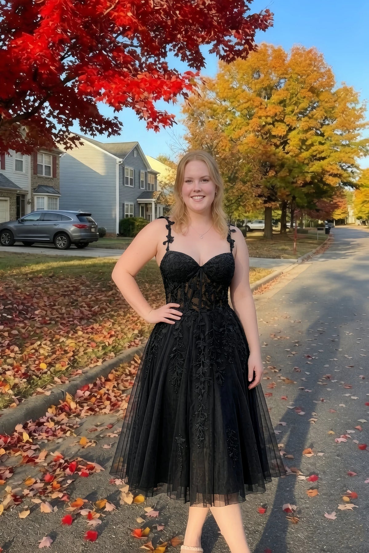 Adeline Black Lace Corset Fit and Flare Midi Dress