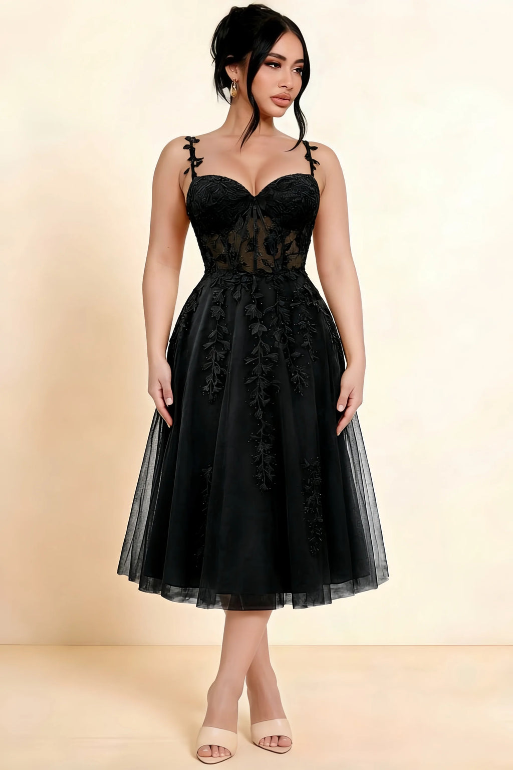 Adeline Black Lace Corset Fit and Flare Midi Dress
