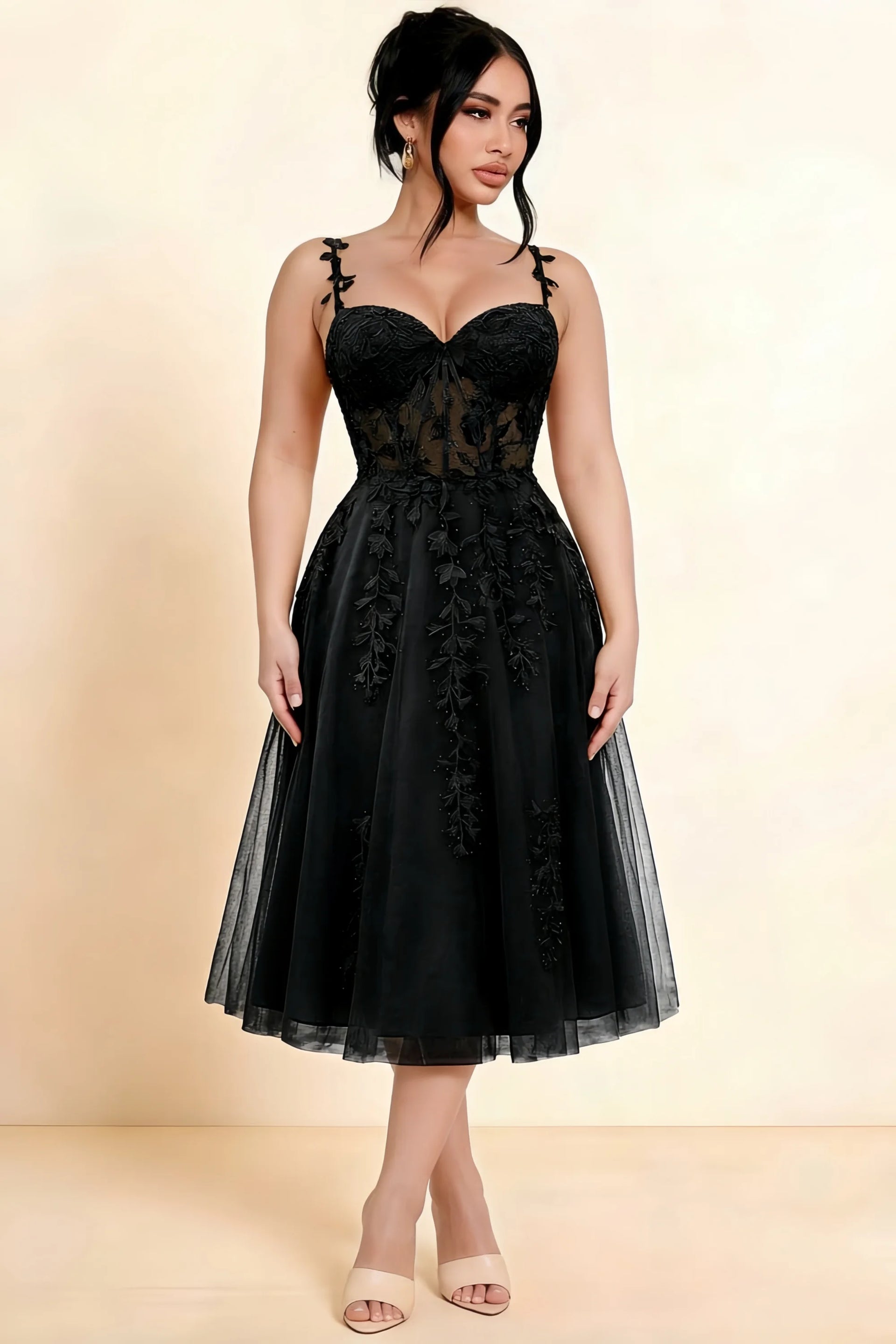 Adeline Black Lace Corset Fit and Flare Midi Dress