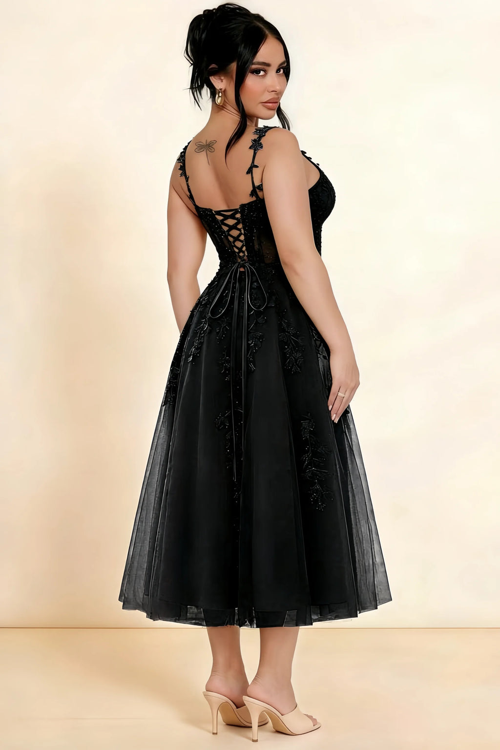 Adeline Black Lace Corset Fit and Flare Midi Dress