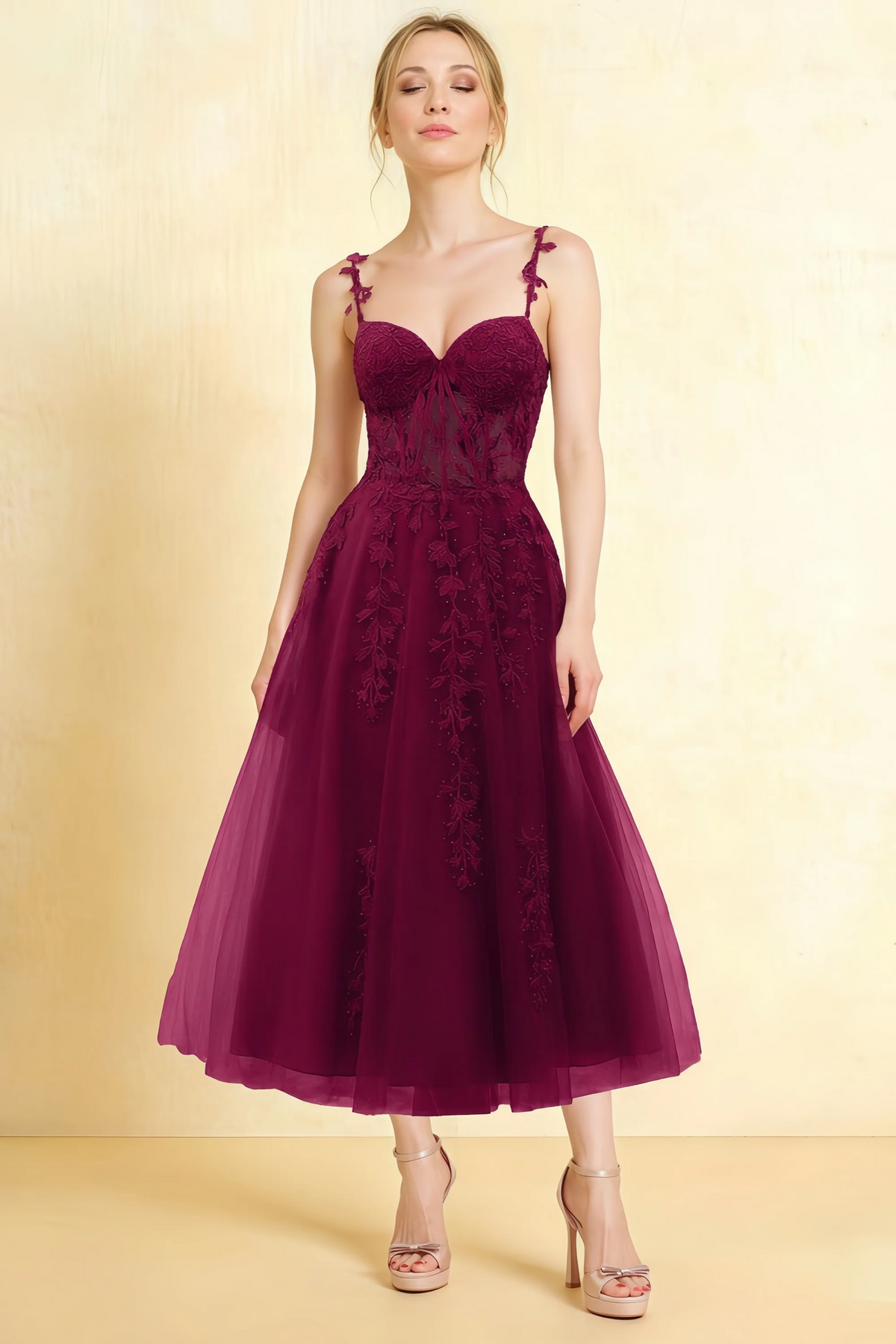 Adeline Burgundy Lace Corset Fit and Flare Midi Dress Main image