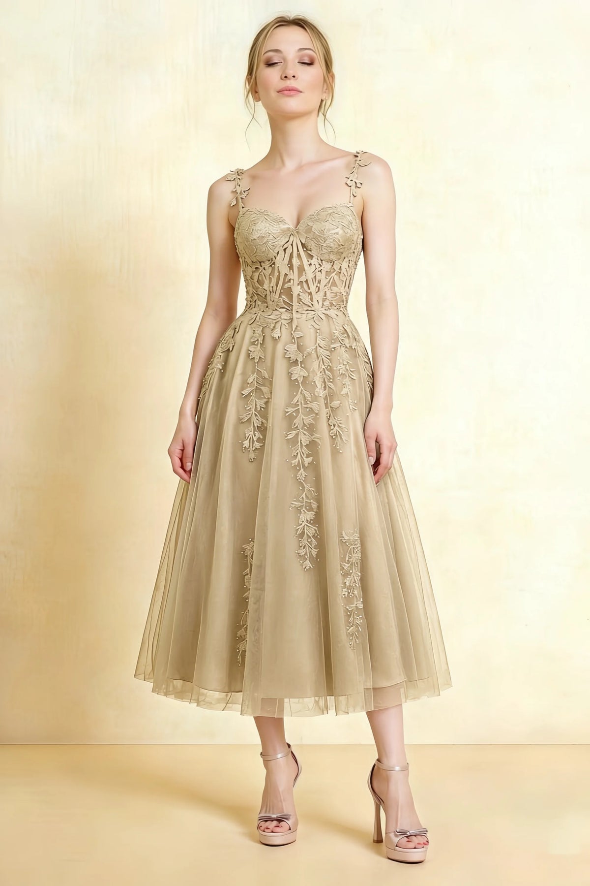 Adeline Champagne Lace Corset Fit and Flare Midi Dress Main image