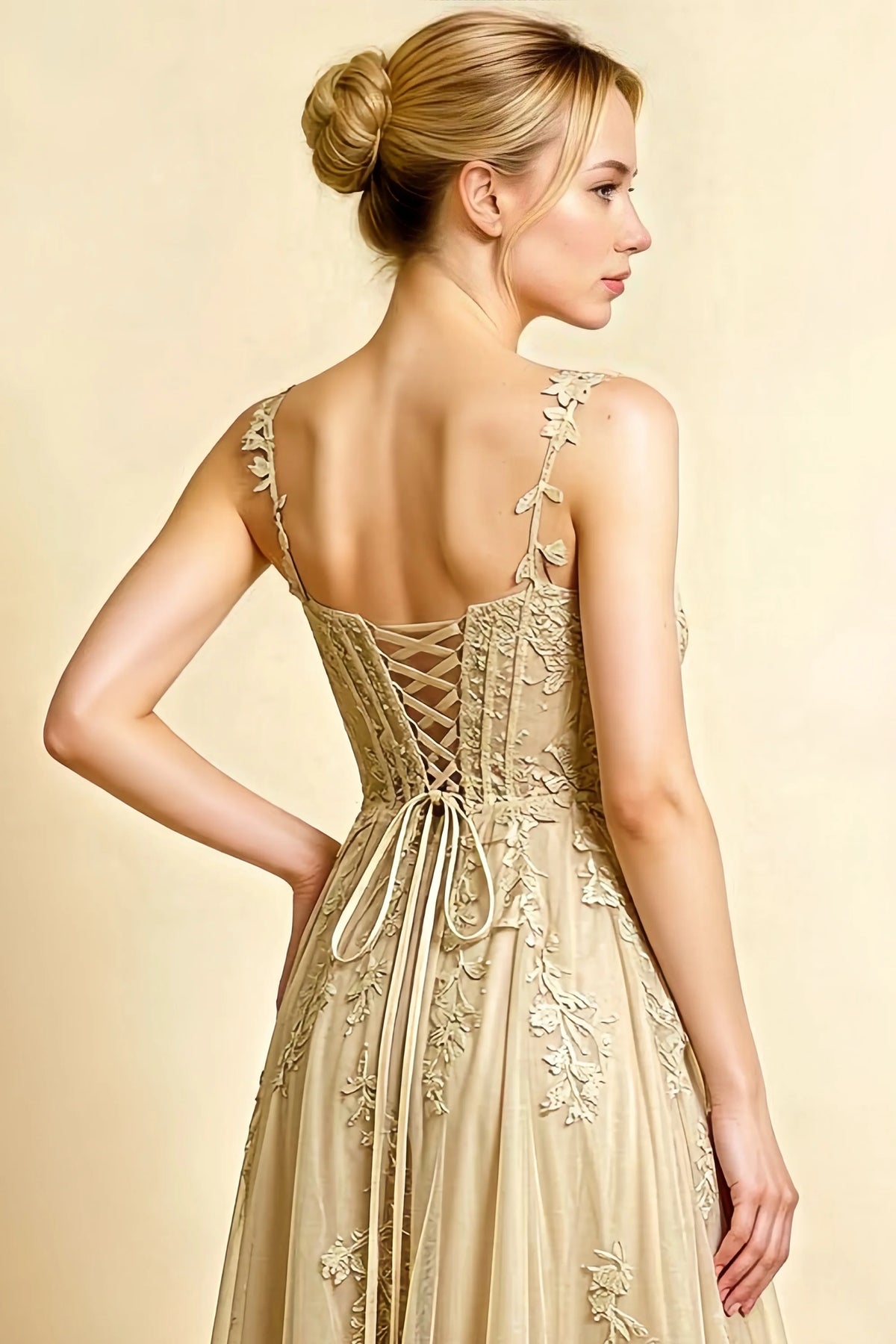 Rear three-quarter detail of the LVLVS Adeline champagne midi dress, showing the corset lacing, tied bow and floral lace straps.