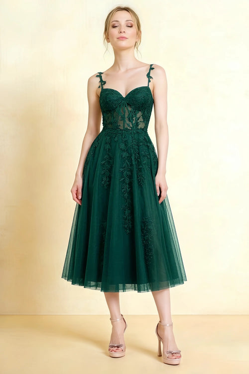 Adeline Dark Green Lace Corset Fit and Flare Midi Dress