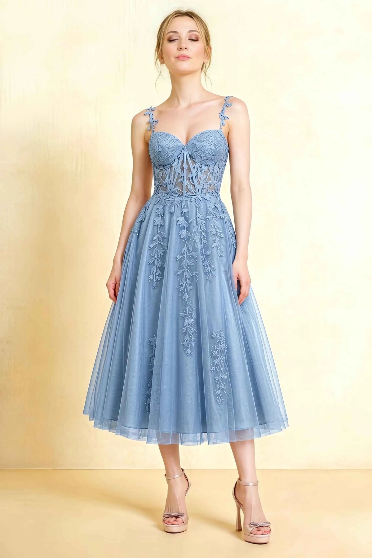 Adeline Dusty Blue Lace Corset Fit and Flare Midi Dress Main image