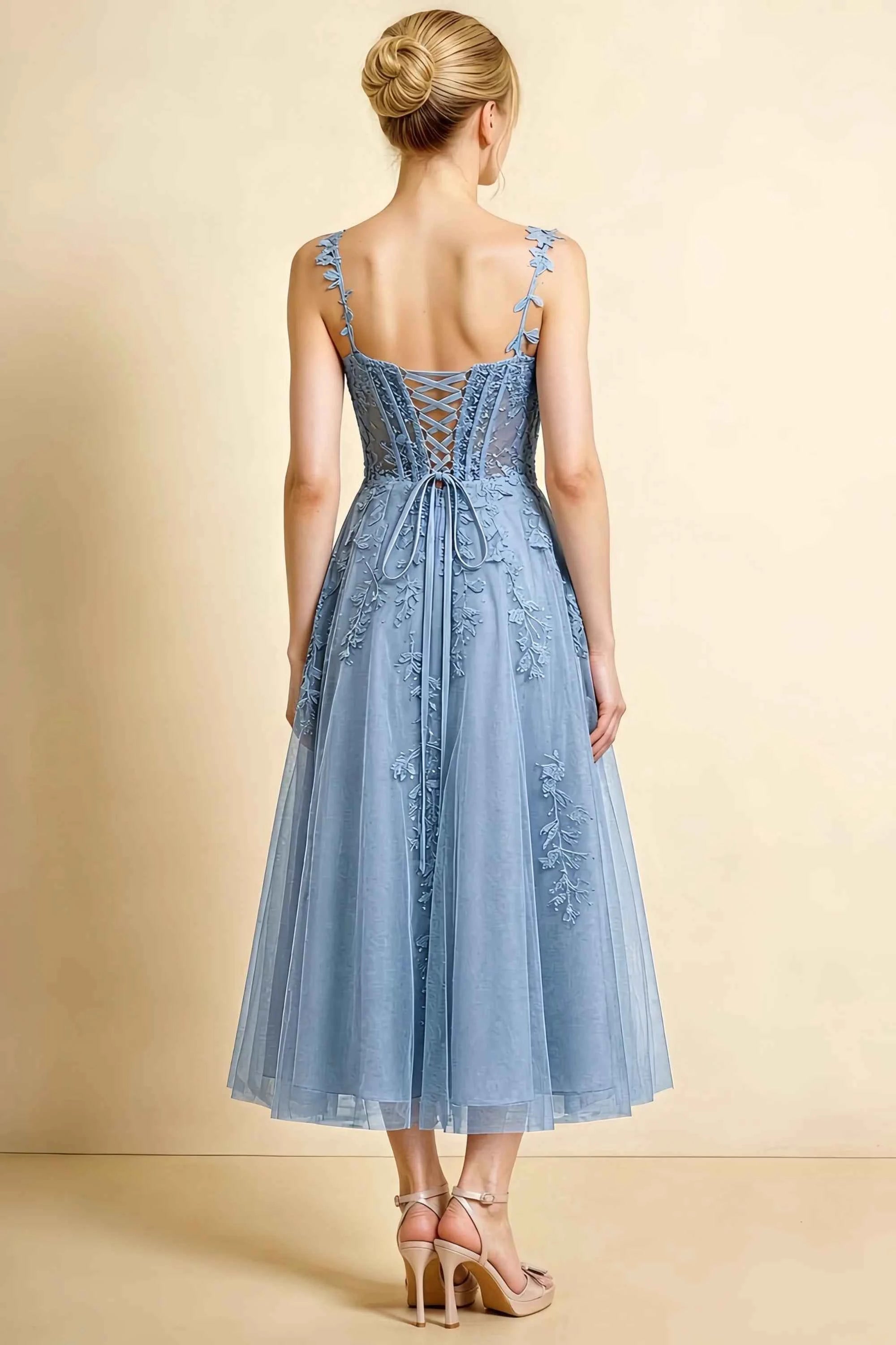 Adeline Dusty Blue Lace Corset Fit and Flare Midi Dress Secondary image