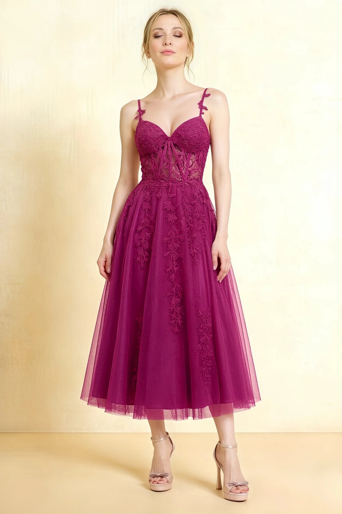 Adeline Fuchsia Lace Corset Fit and Flare Midi Dress Main image