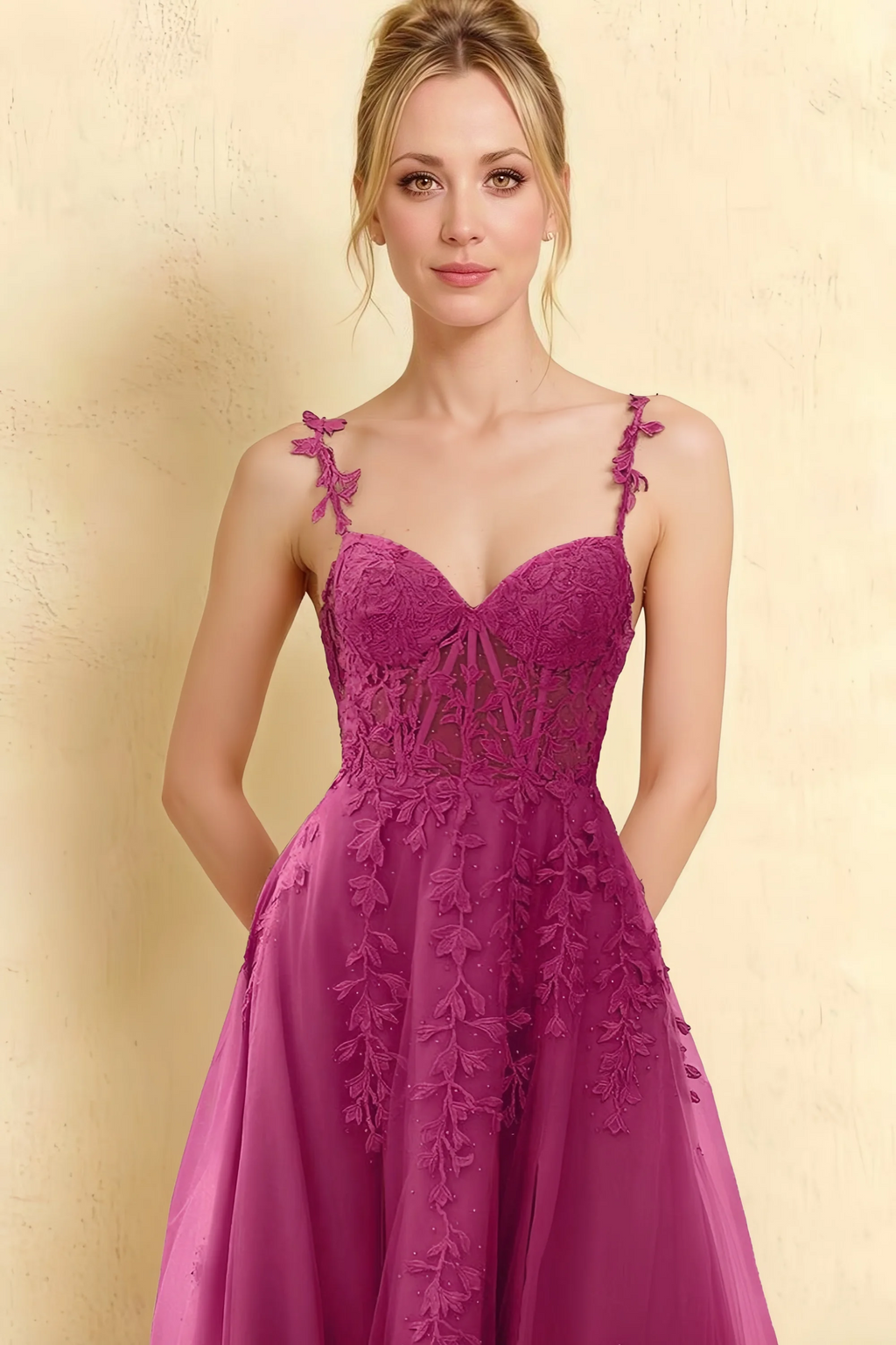 Close-up of the LVLVS Adeline fuchsia midi dress, showing the sweetheart neckline, floral lace straps and patterned corset bodice.