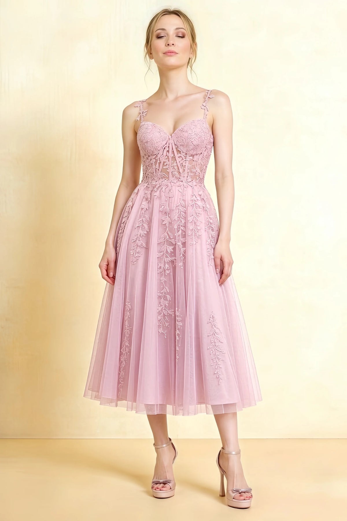 Adeline Light Pink Lace Corset Fit and Flare Midi Dress Main image