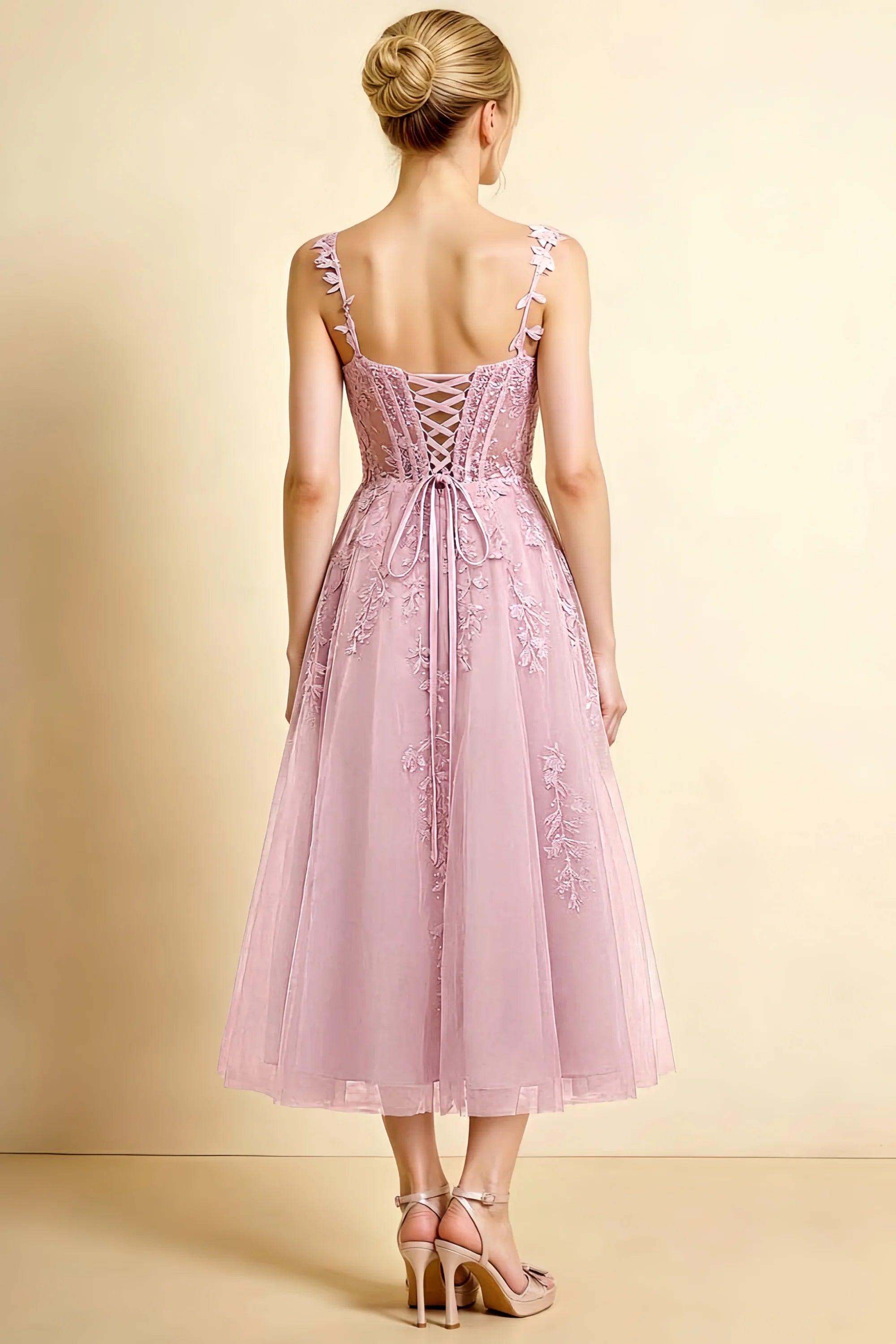 Adeline Light Pink Lace Corset Fit and Flare Midi Dress Secondary image