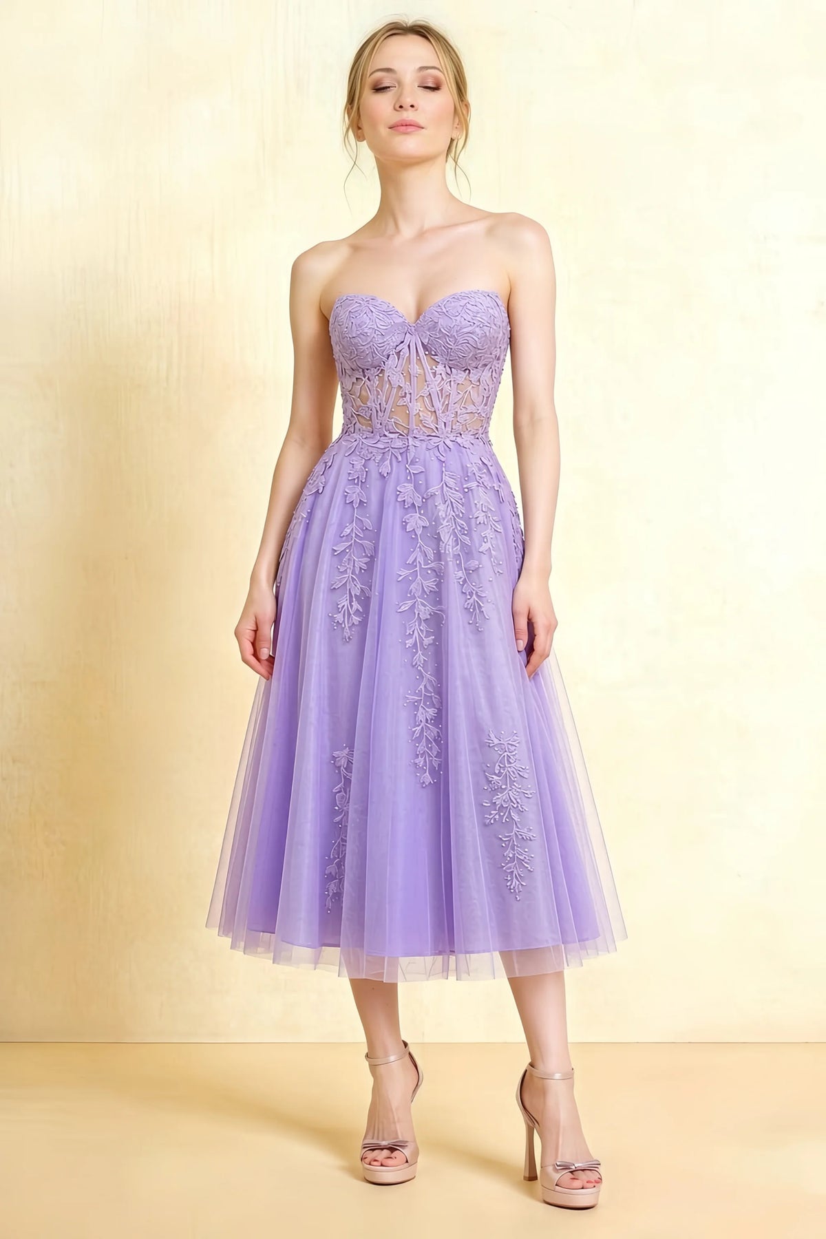 Adeline Lilac Lace Corset Fit and Flare Midi Dress Main image