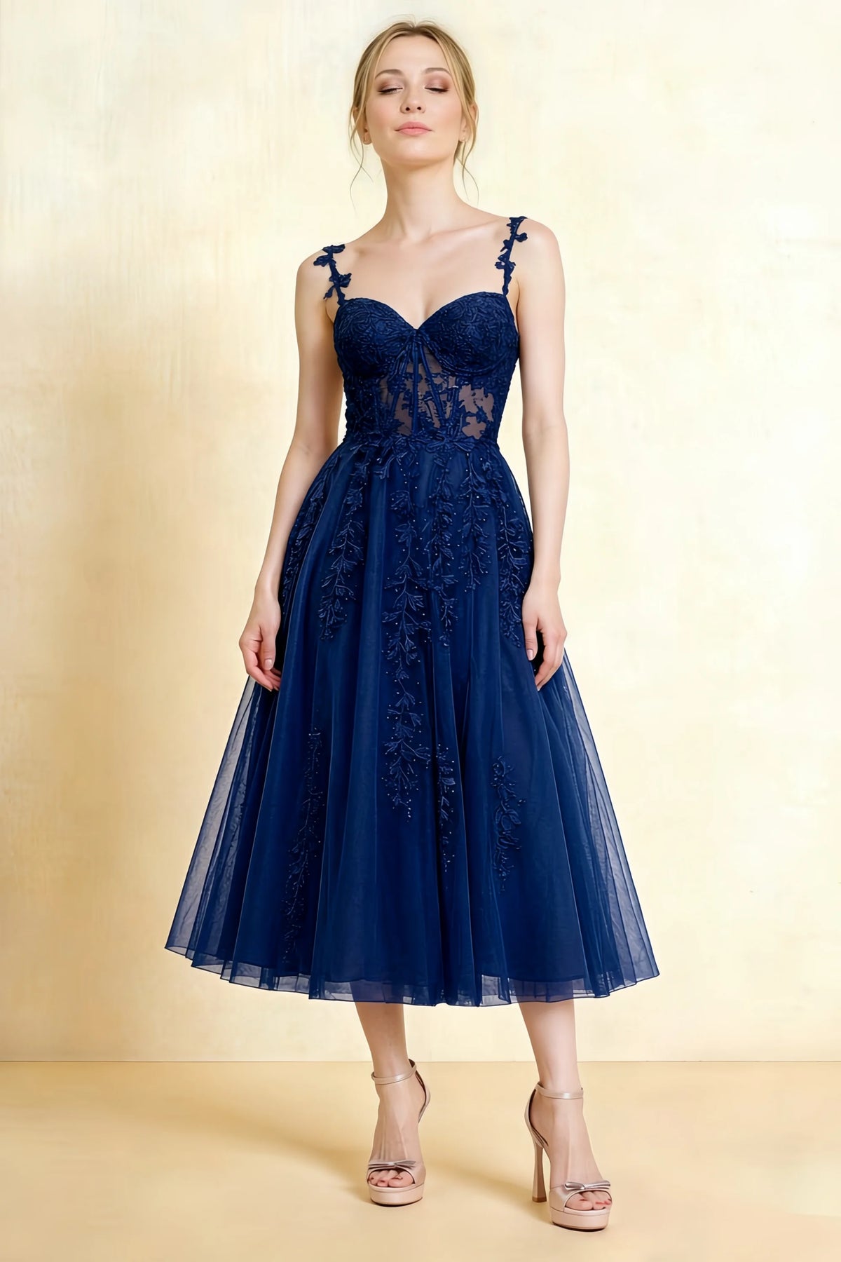 Adeline Navy Lace Corset Fit and Flare Midi Dress Main image