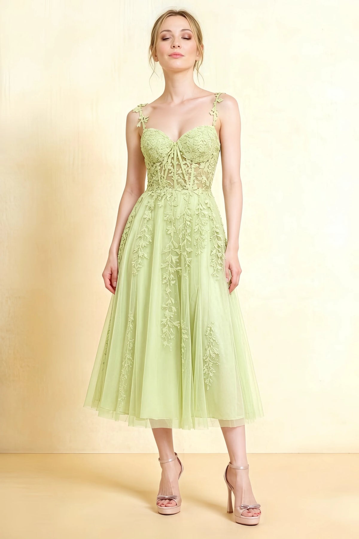 Adeline Pastel Yellow Lace Corset Fit and Flare Midi Dress Main image