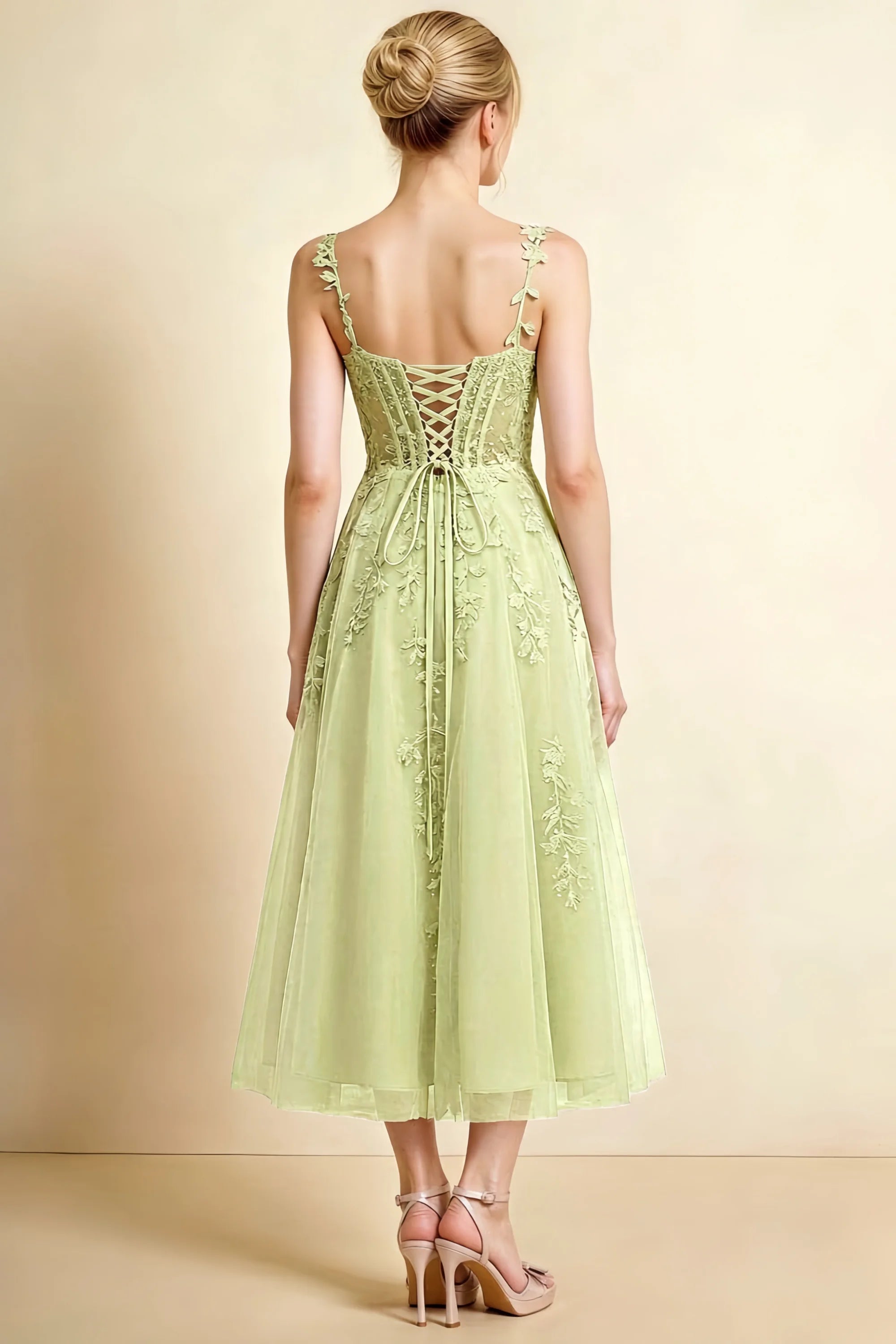 Adeline Pastel Yellow Lace Corset Fit and Flare Midi Dress Secondary image