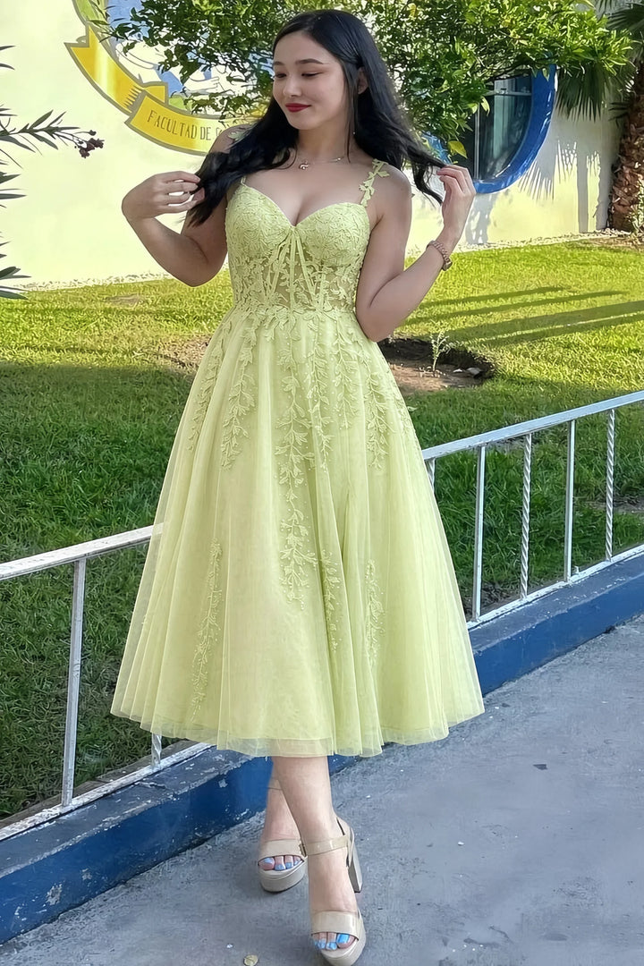 Adeline Pastel Yellow Lace Fit and Flare Midi Dress with Sweetheart Neck