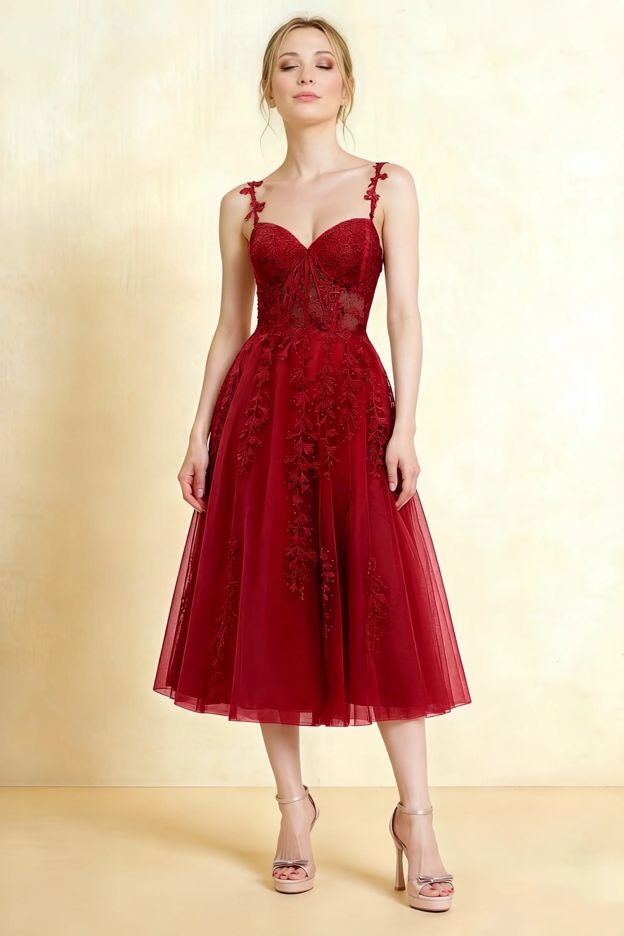 Adeline Red Lace Corset Fit and Flare Midi Dress Main image