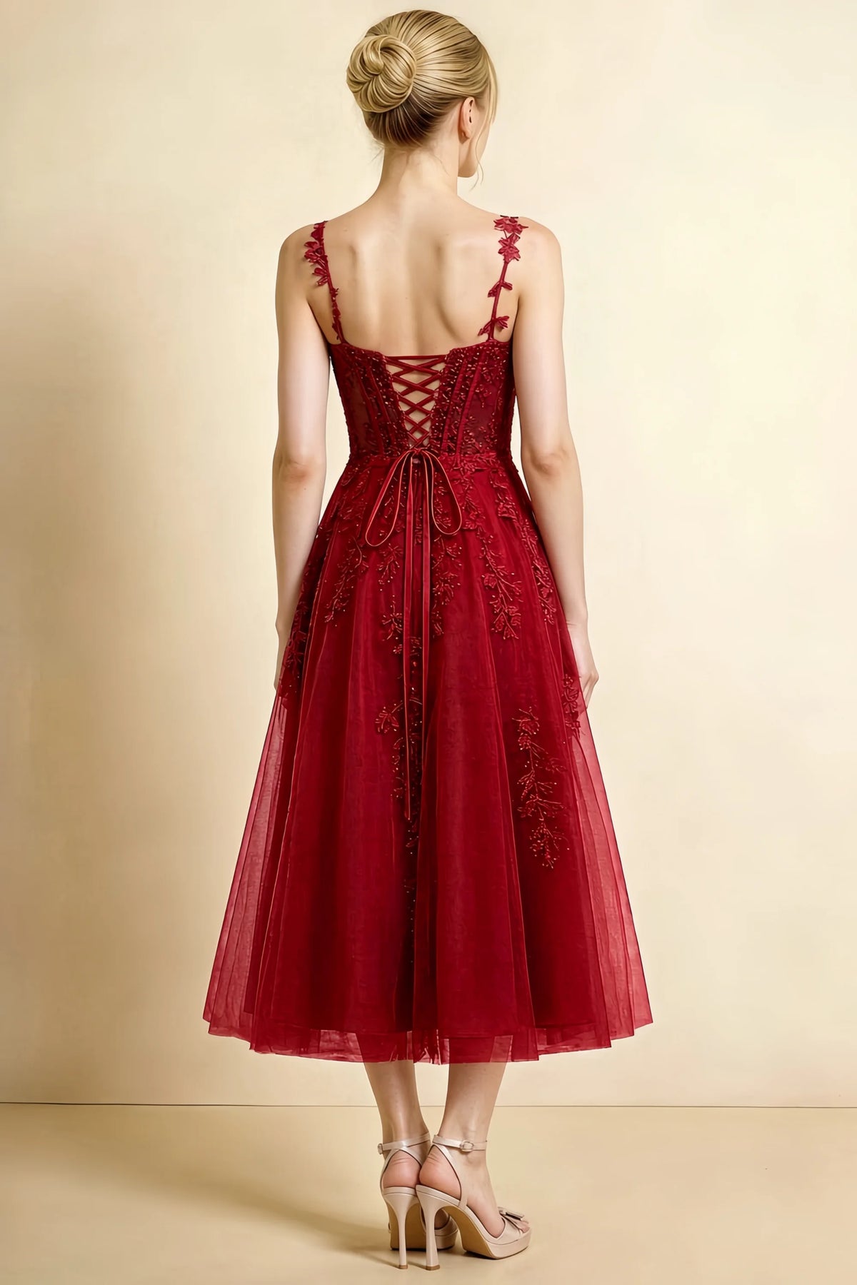 Adeline Red Lace Corset Fit and Flare Midi Dress