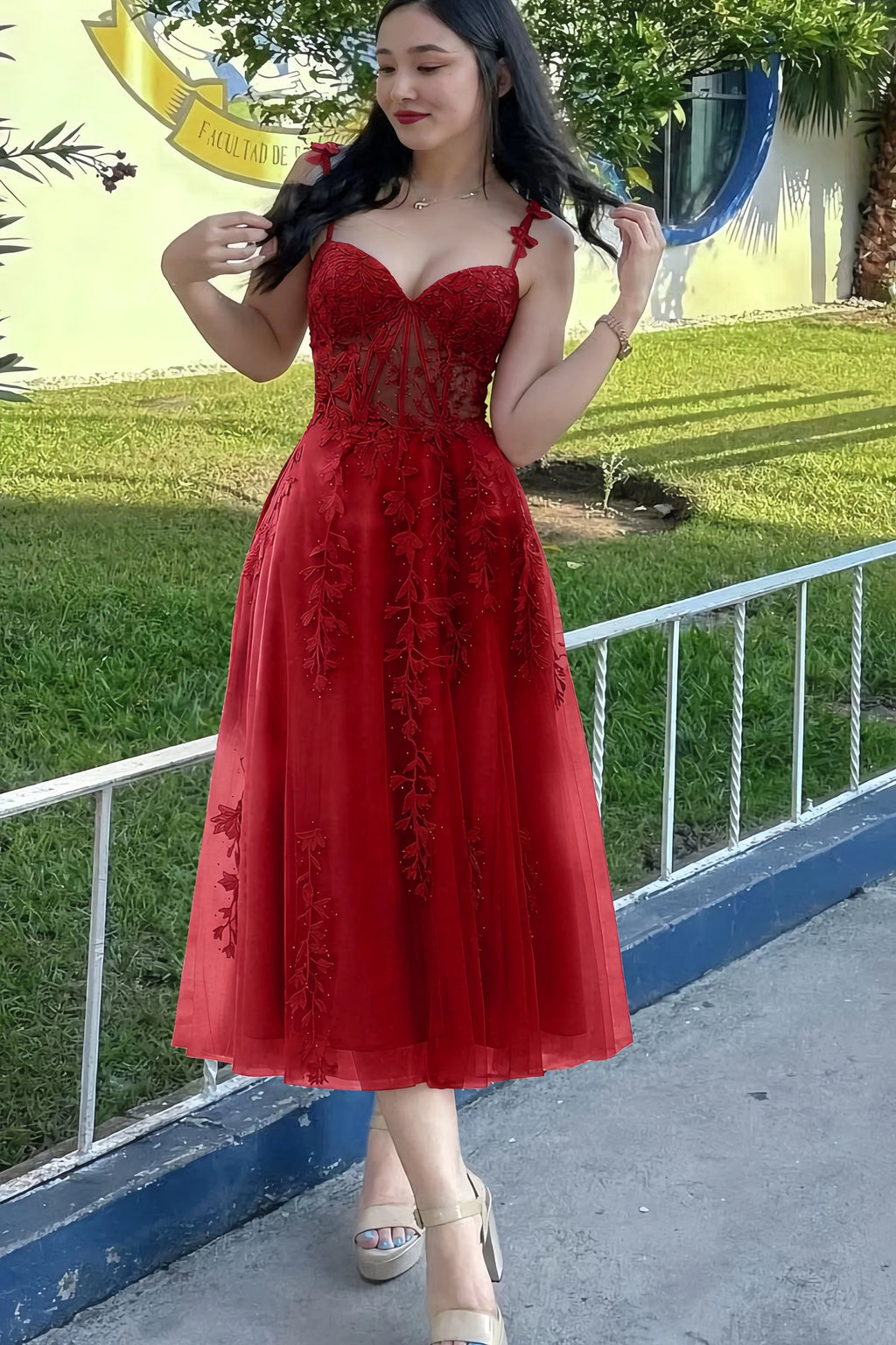 Adeline Red Lace Corset Fit and Flare Midi Dress