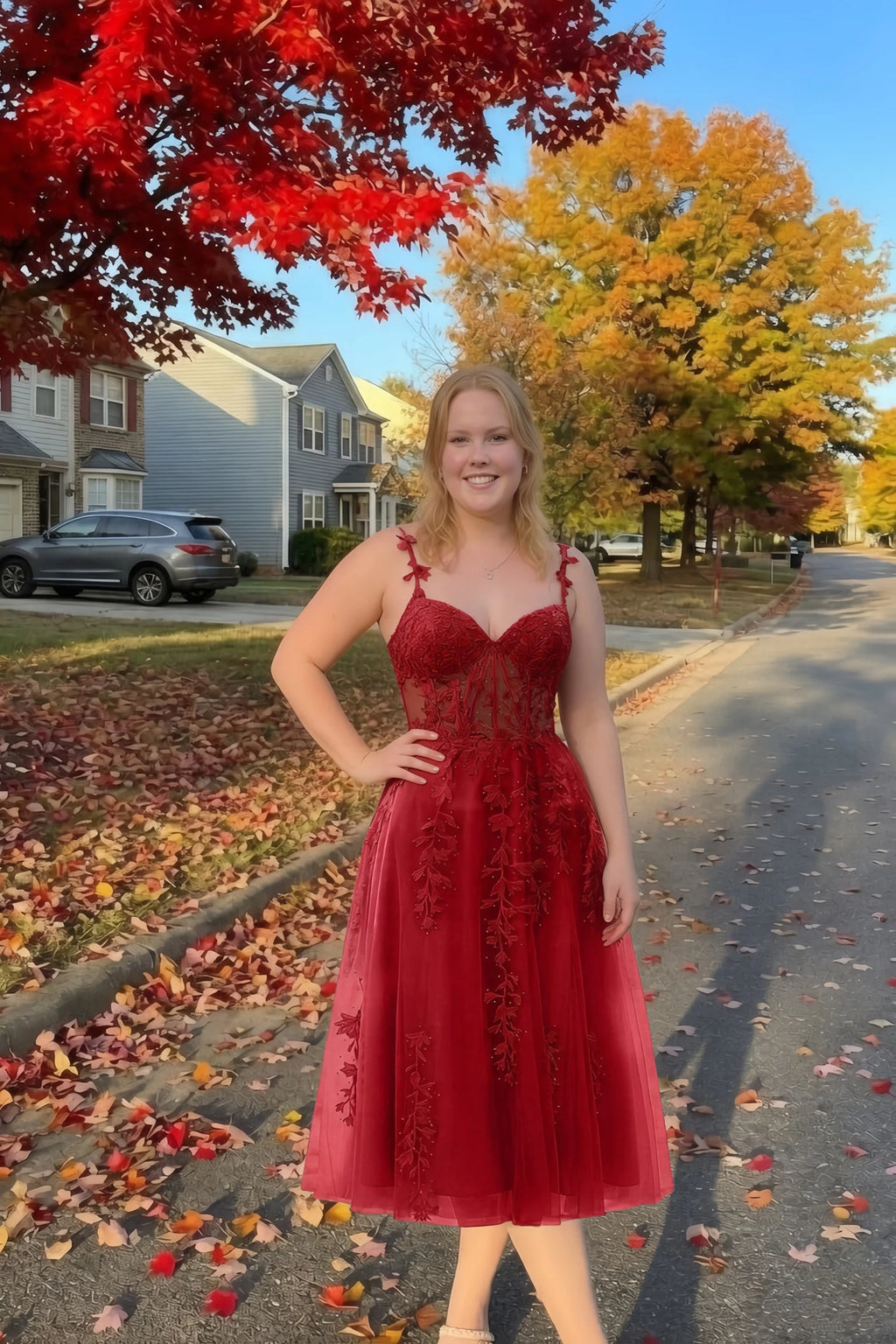 Adeline Red Lace Corset Fit and Flare Midi Dress